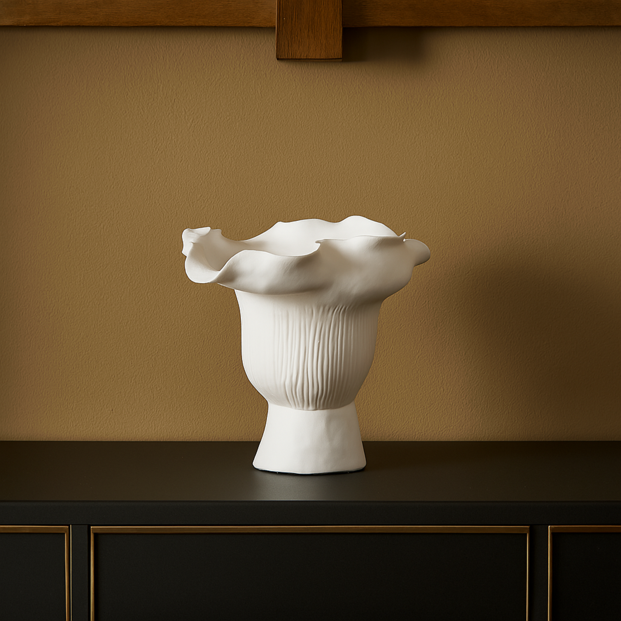 Abstract Ceramic Floral Inspired Decorative Vase with Wavy Folded Rim and Linear Grooves