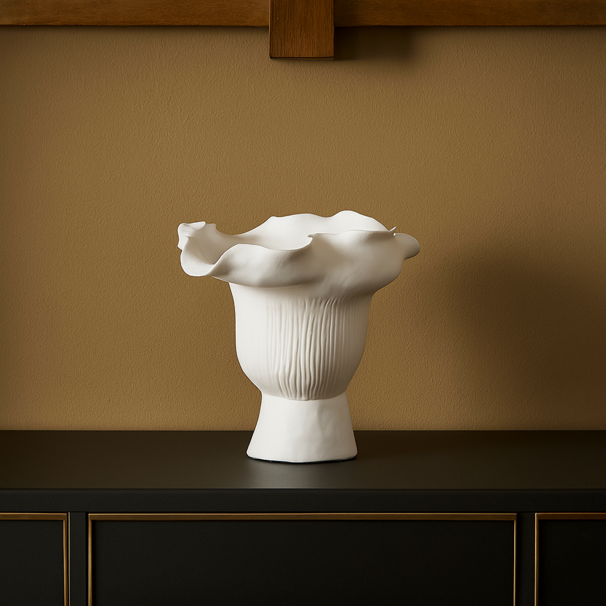 Abstract Ceramic Floral Inspired Decorative Vase with Wavy Folded Rim and Linear Grooves