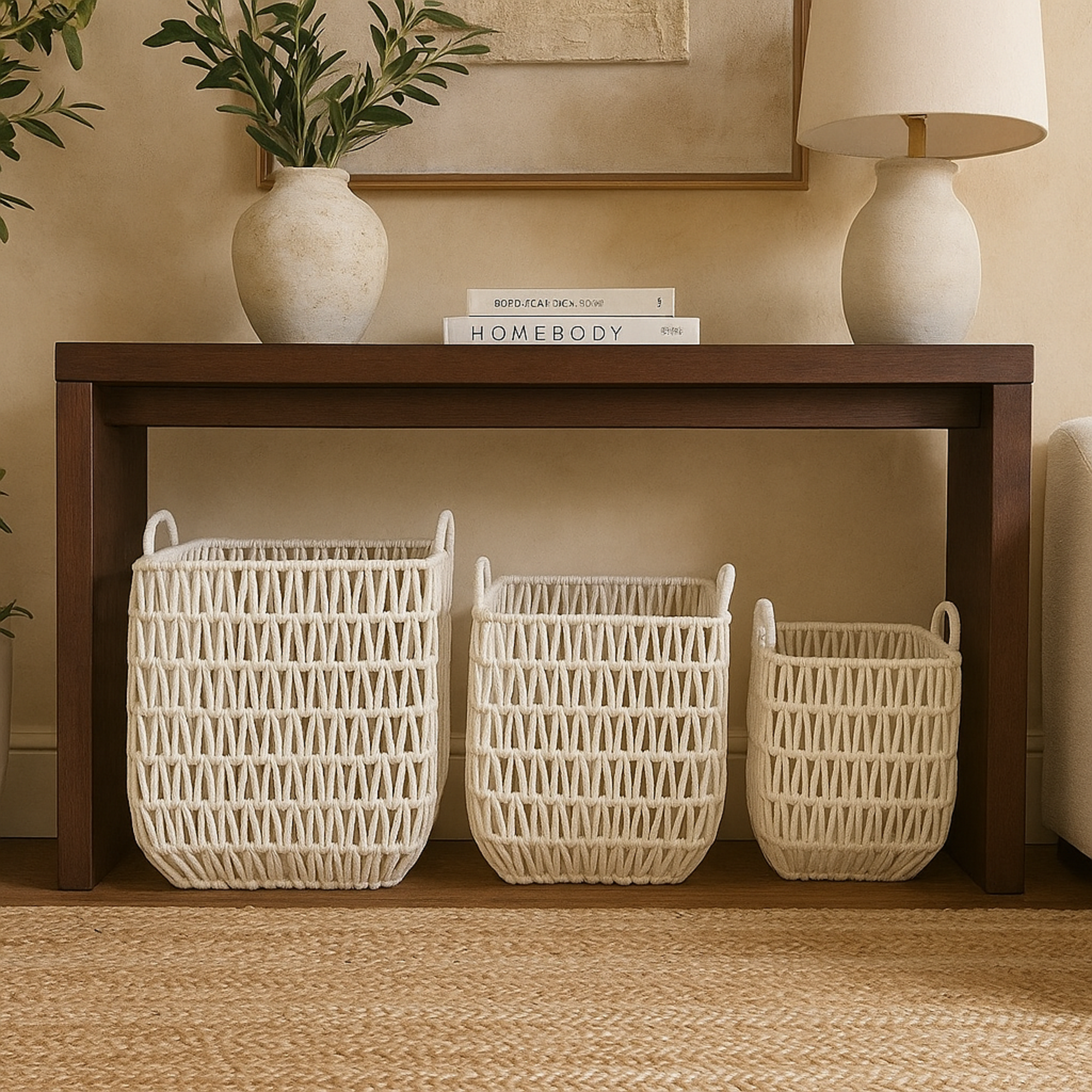 CosmoLiving by Cosmopolitan Set of 3 White Cotton Fabric Handmade Decorative and Functional Storage Basket with Handles