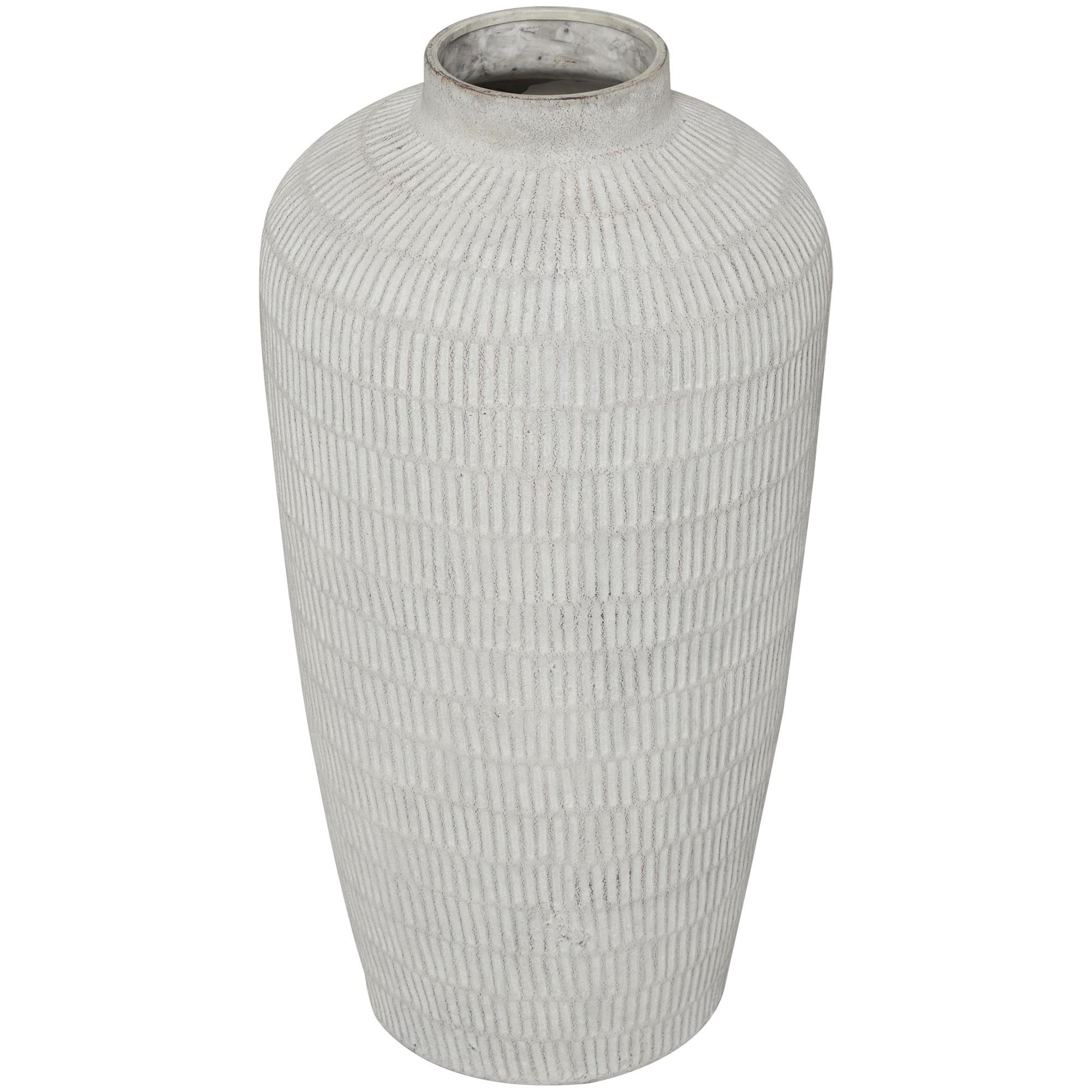Cream Ceramic Textured Decorative Vase with Linear Pattern