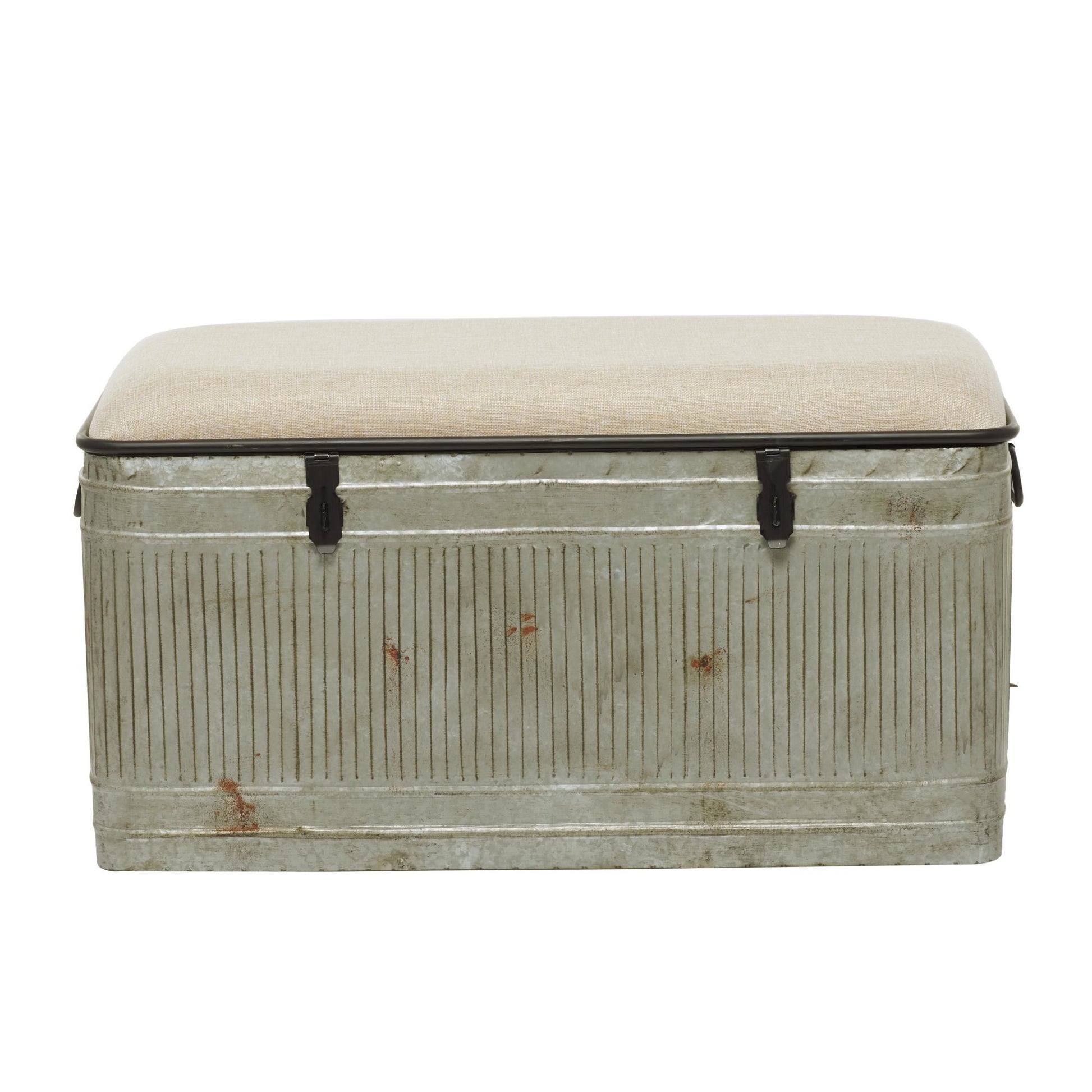 Gray Metal Galvanized Room Storage Bench with Cream Burlap Top and Black Latches