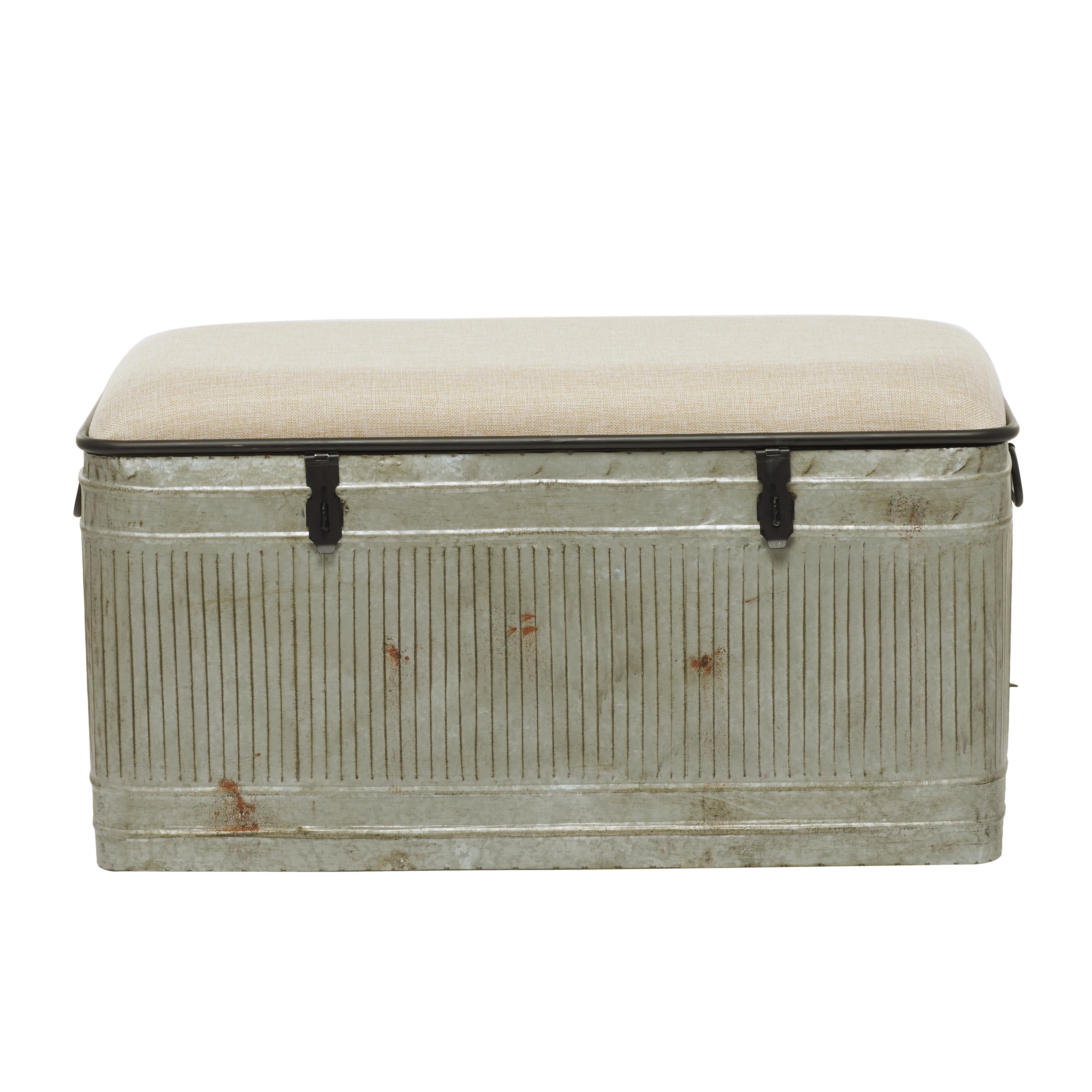 Gray Metal Galvanized Room Storage Bench with Cream Burlap Top and Black Latches
