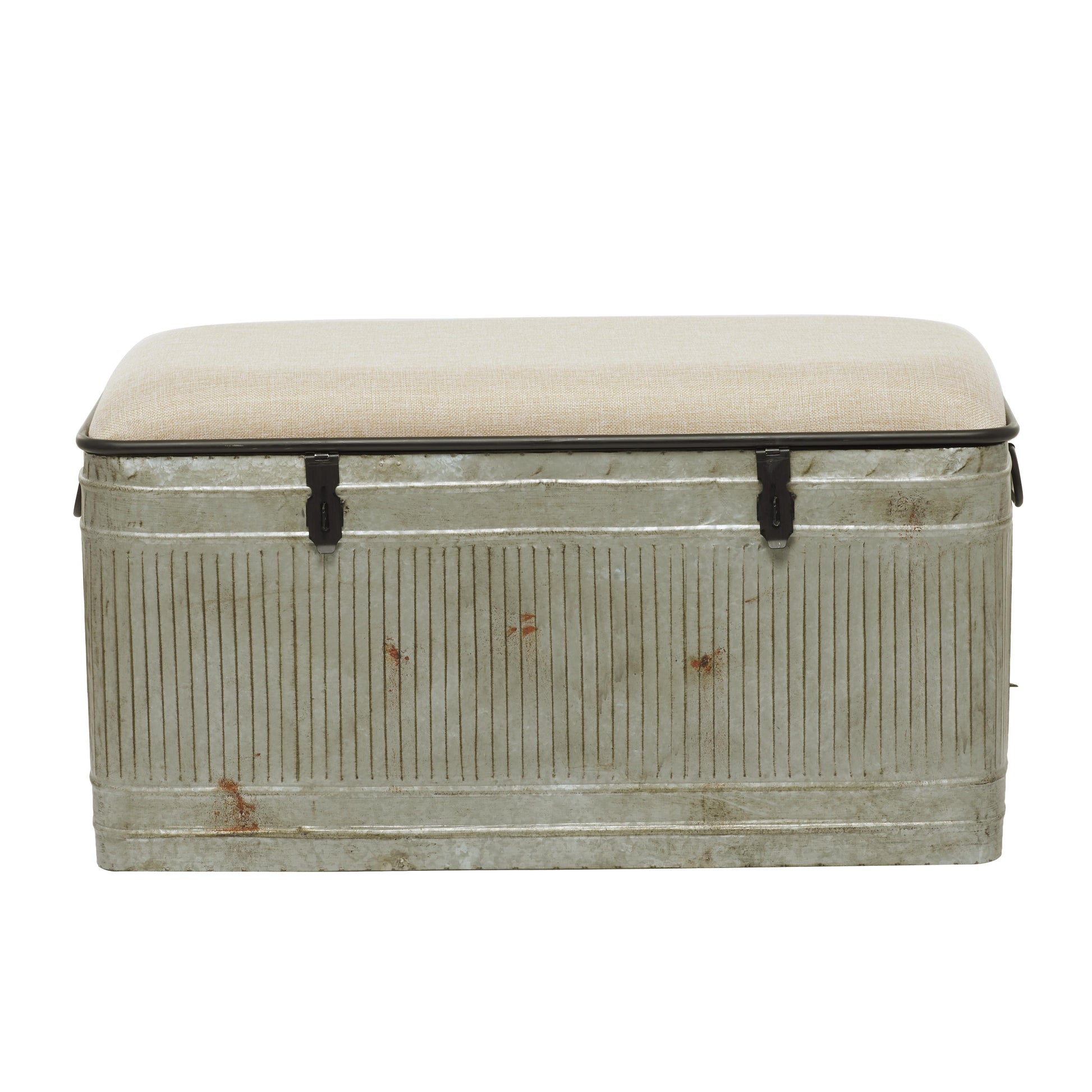 Gray Metal Galvanized Room Storage Bench with Cream Burlap Top and Black Latches