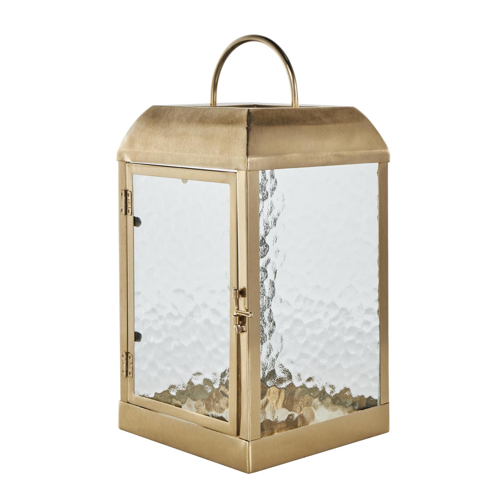 Gold Metal Indoor Outdoor Candle Lantern with Pebbled Glass