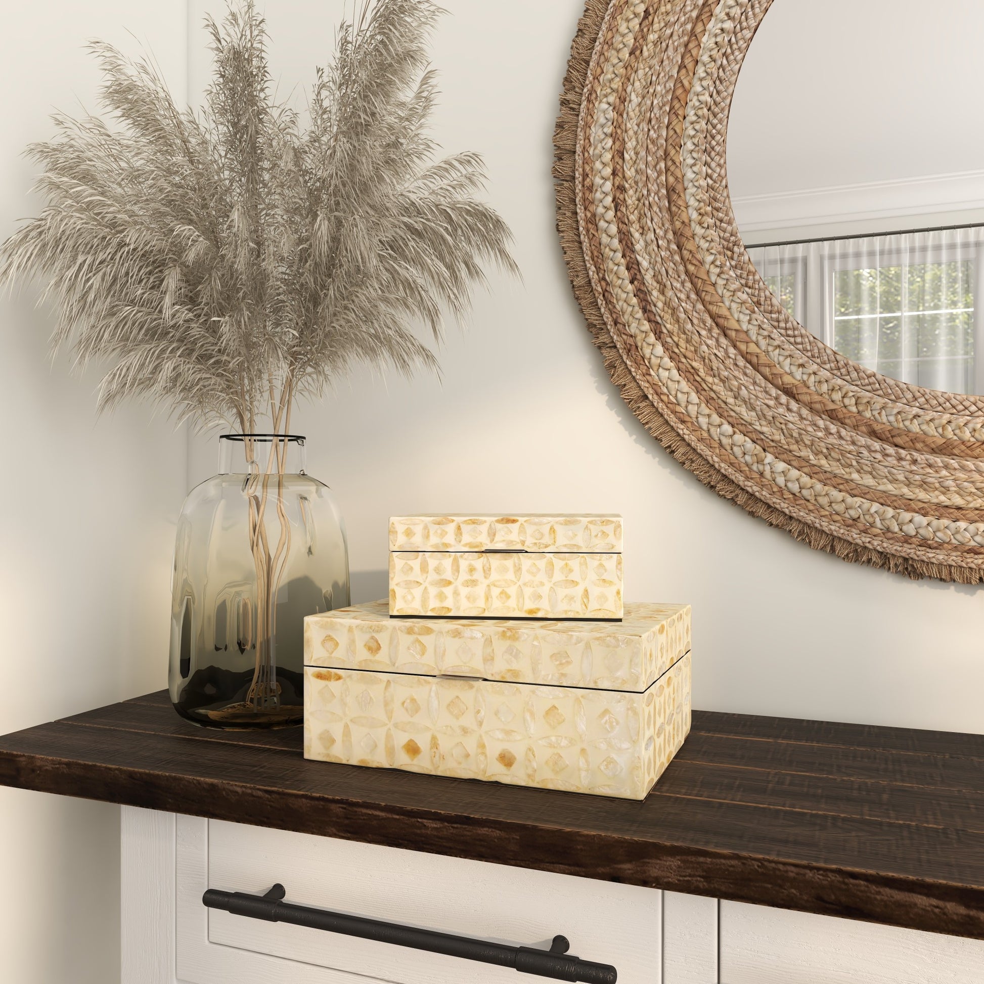 Set of 2 Moroccan Beige Mother of Pearl Shell Mosaic Storage Decorative Box with Taupe Accents