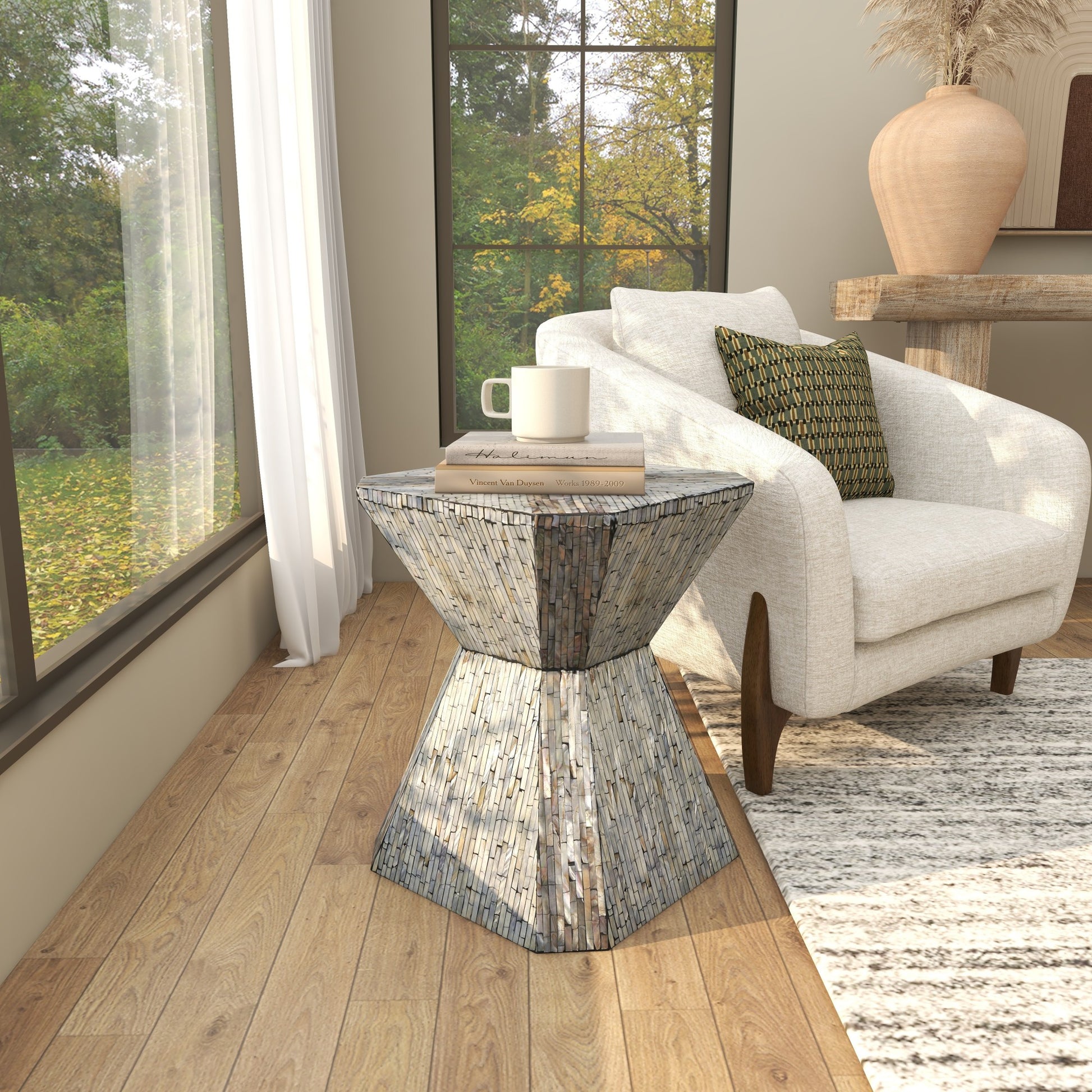 Geometric Gray Mother of Pearl Shell Handmade Hourglass Side End Accent Table with Linear Mosaic Pattern