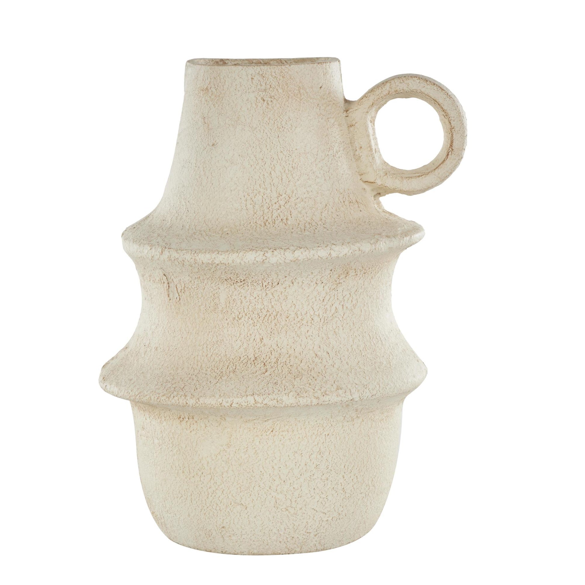 Cream Paper Mache Fluted Decorative Vase with Brown Distressed Texturing and Ring Handle