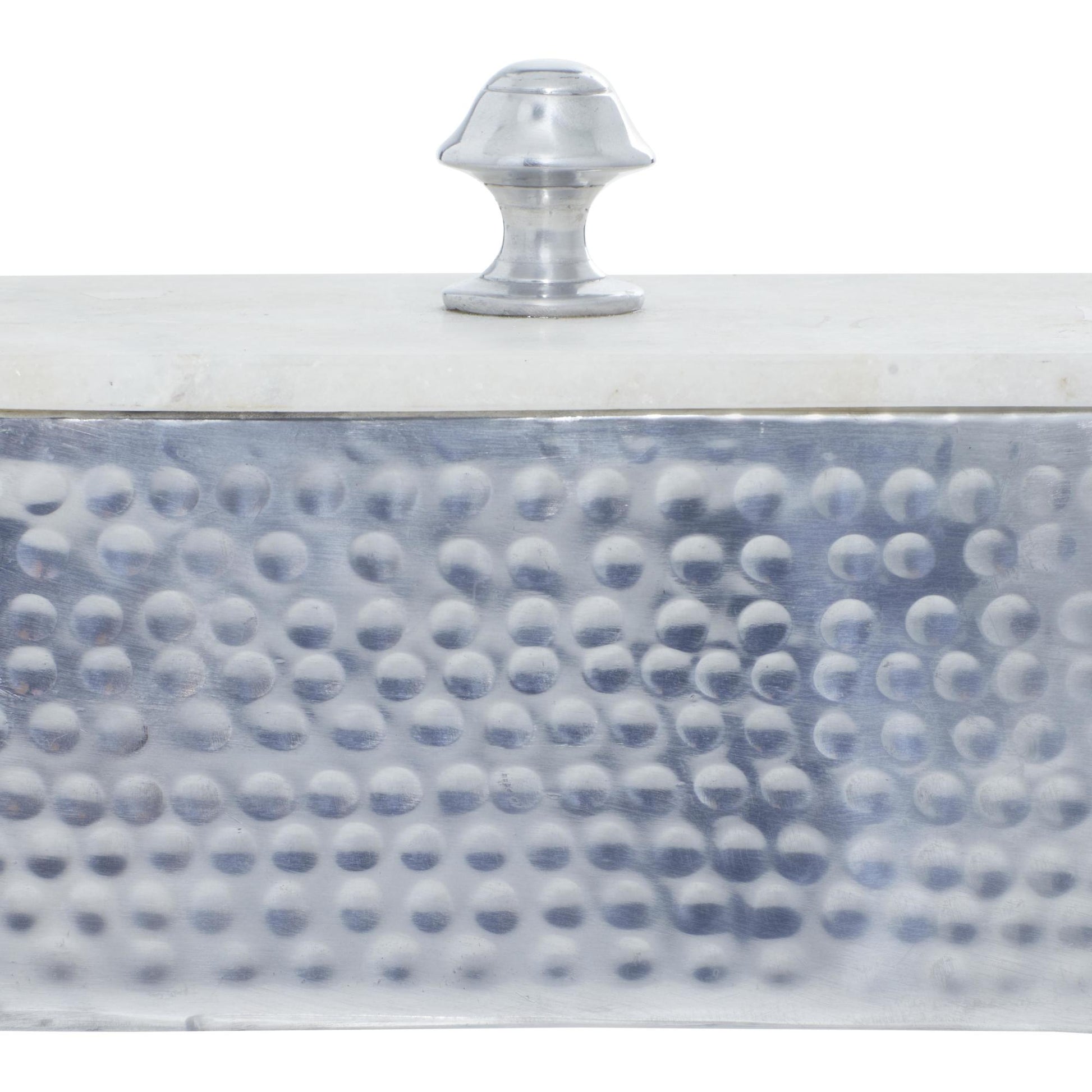Silver Aluminum Metal Hammered Decorative Jewelry Box with White Marble Lid