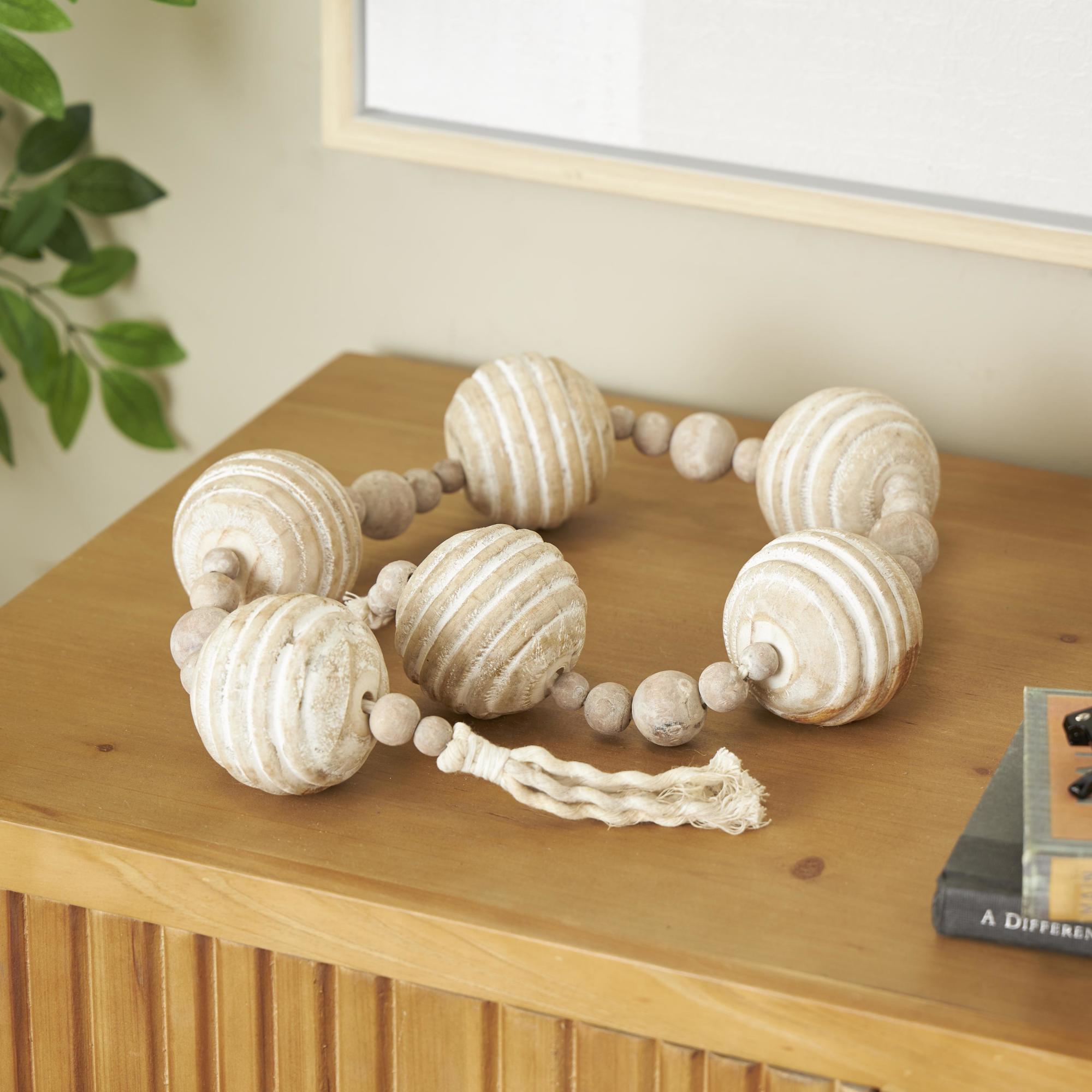 Geometric Cream Wood Handmade Ribbed Beaded Garland with Tassel with White Rope