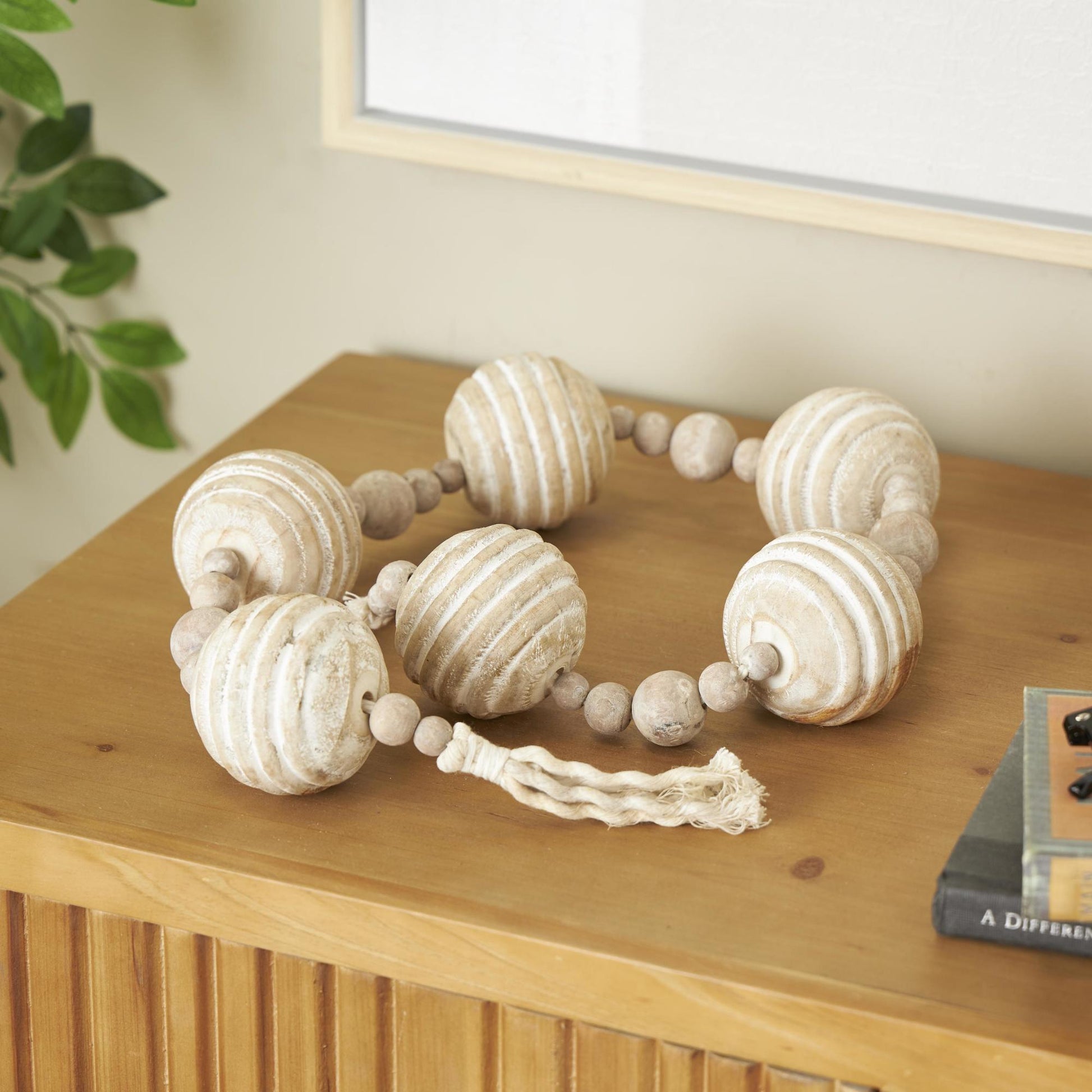 Geometric Cream Wood Handmade Ribbed Beaded Garland with Tassel with White Rope