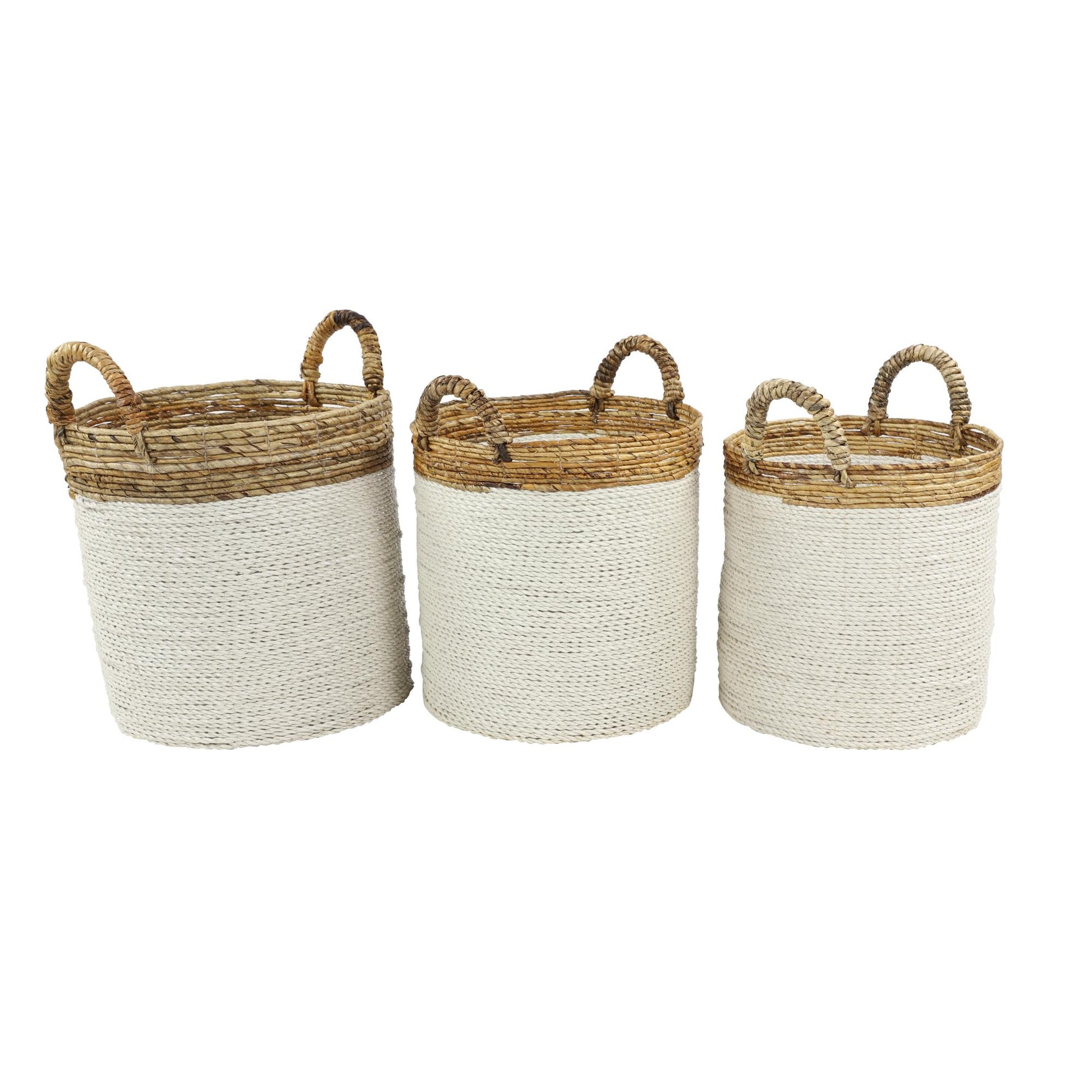Set of 3 White Seagrass Handmade Two Toned Decorative and Functional Storage Basket with Handles