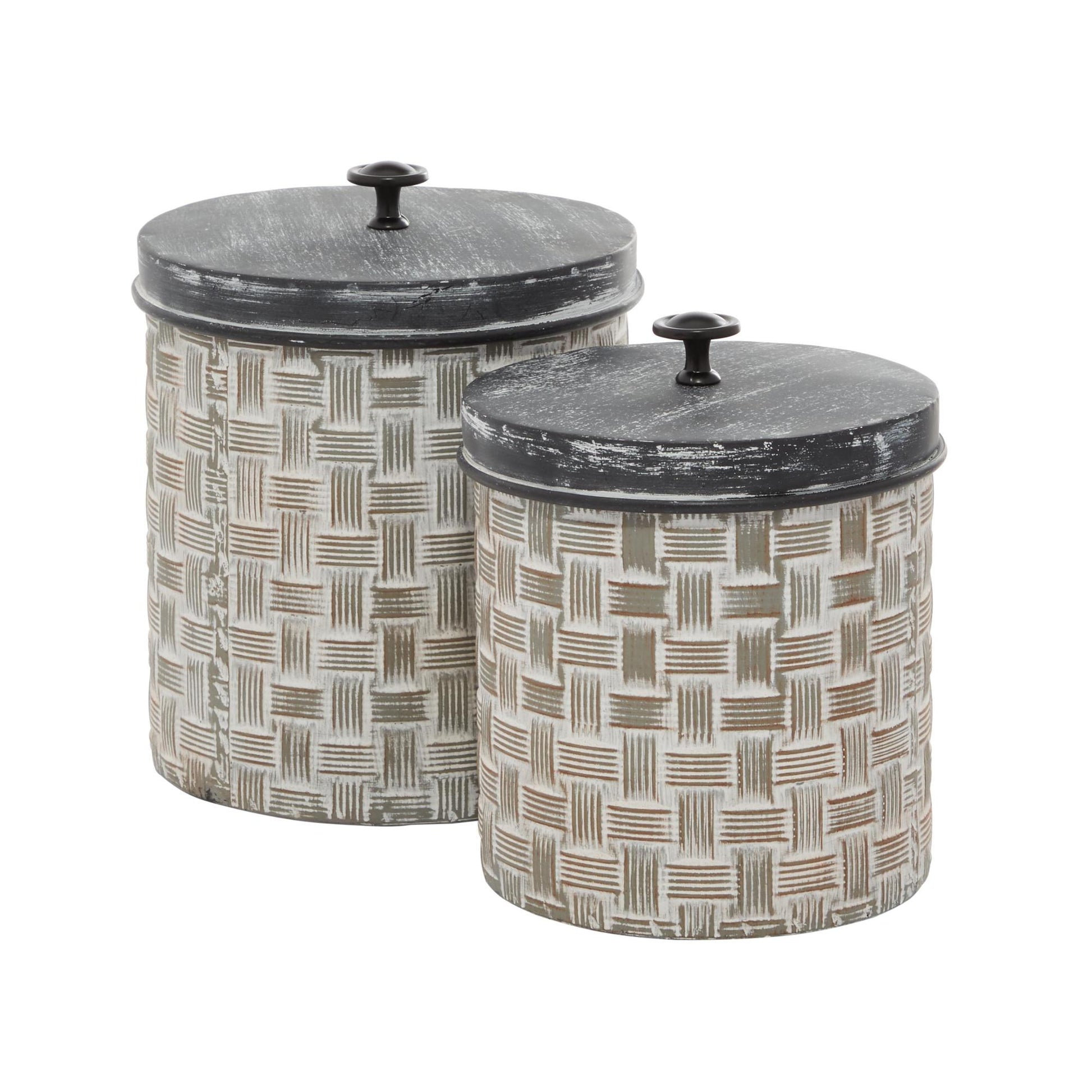 Set of 2 Brown Metal Living Room Decorative Jars with Weave Inspired Pattern