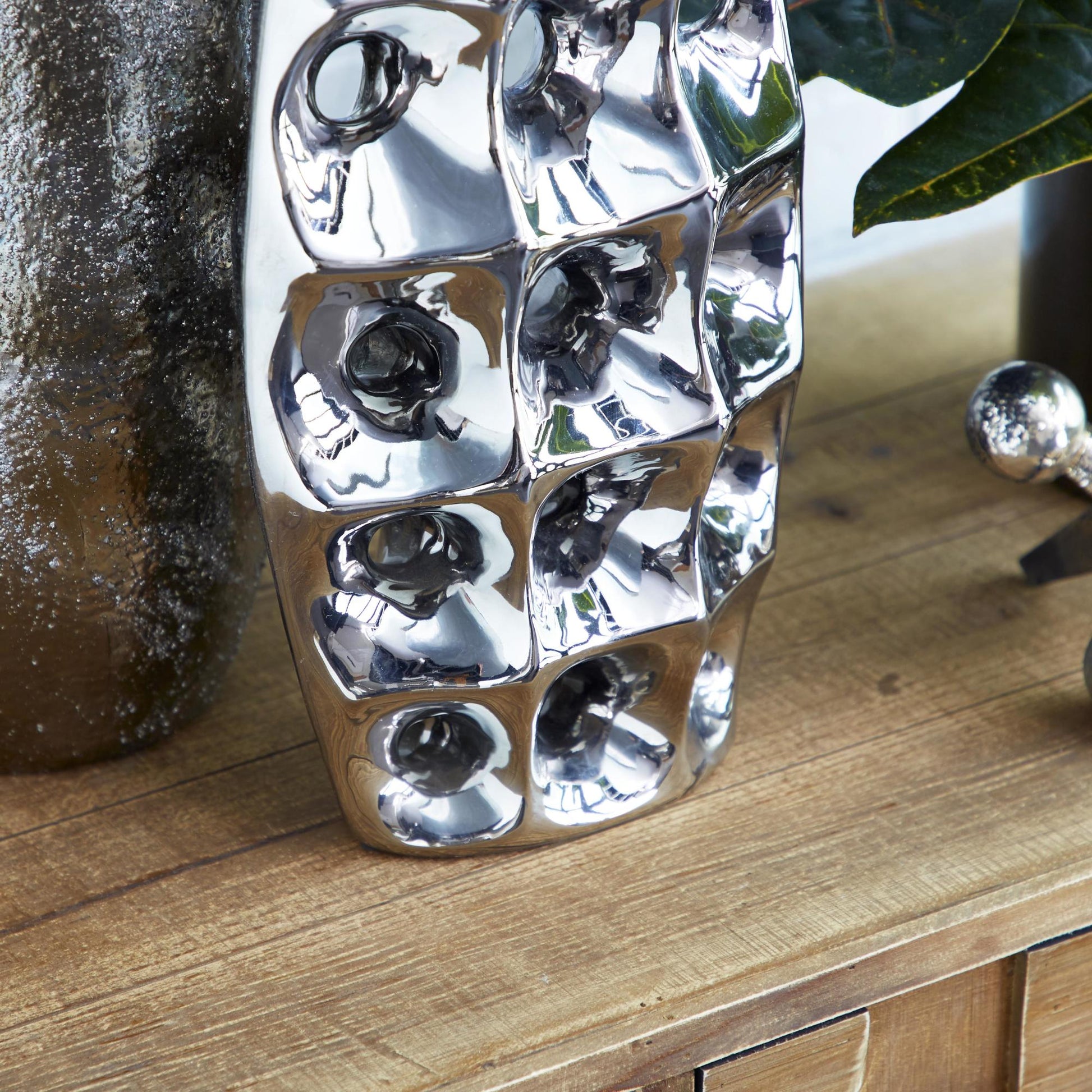 Silver Ceramic Decorative Vase with Cut Out Designs