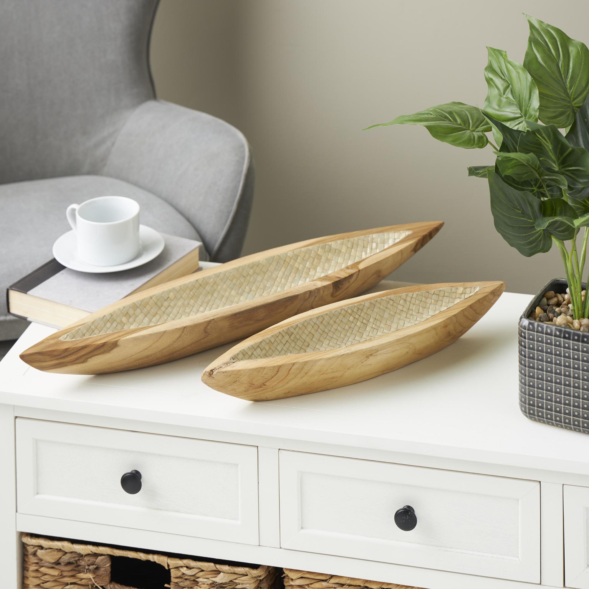 Set of 2 Boat Brown Teak Wood Handmade Carved Living Room Decor Tray with Woven Palm Leaf Interior