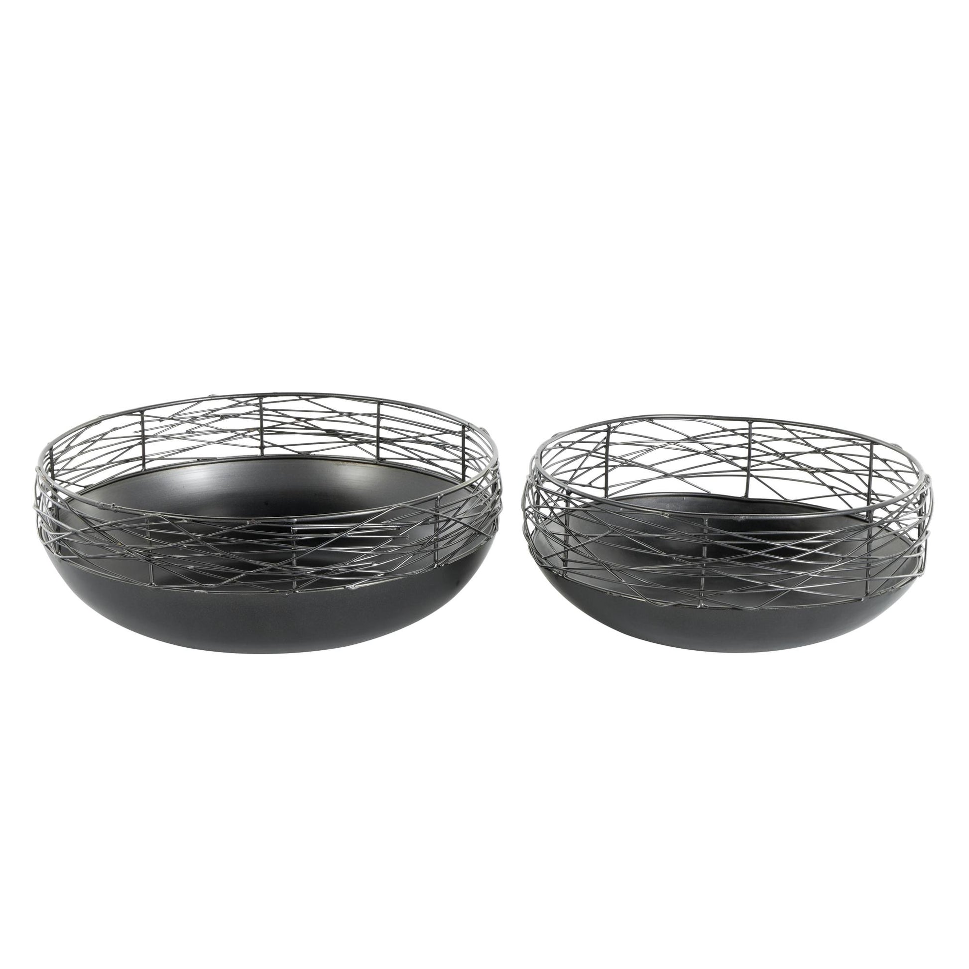 Set of 2 Abstract Black Metal Intertwined Wire Large Decorative Bowl with Solid Matte Base
