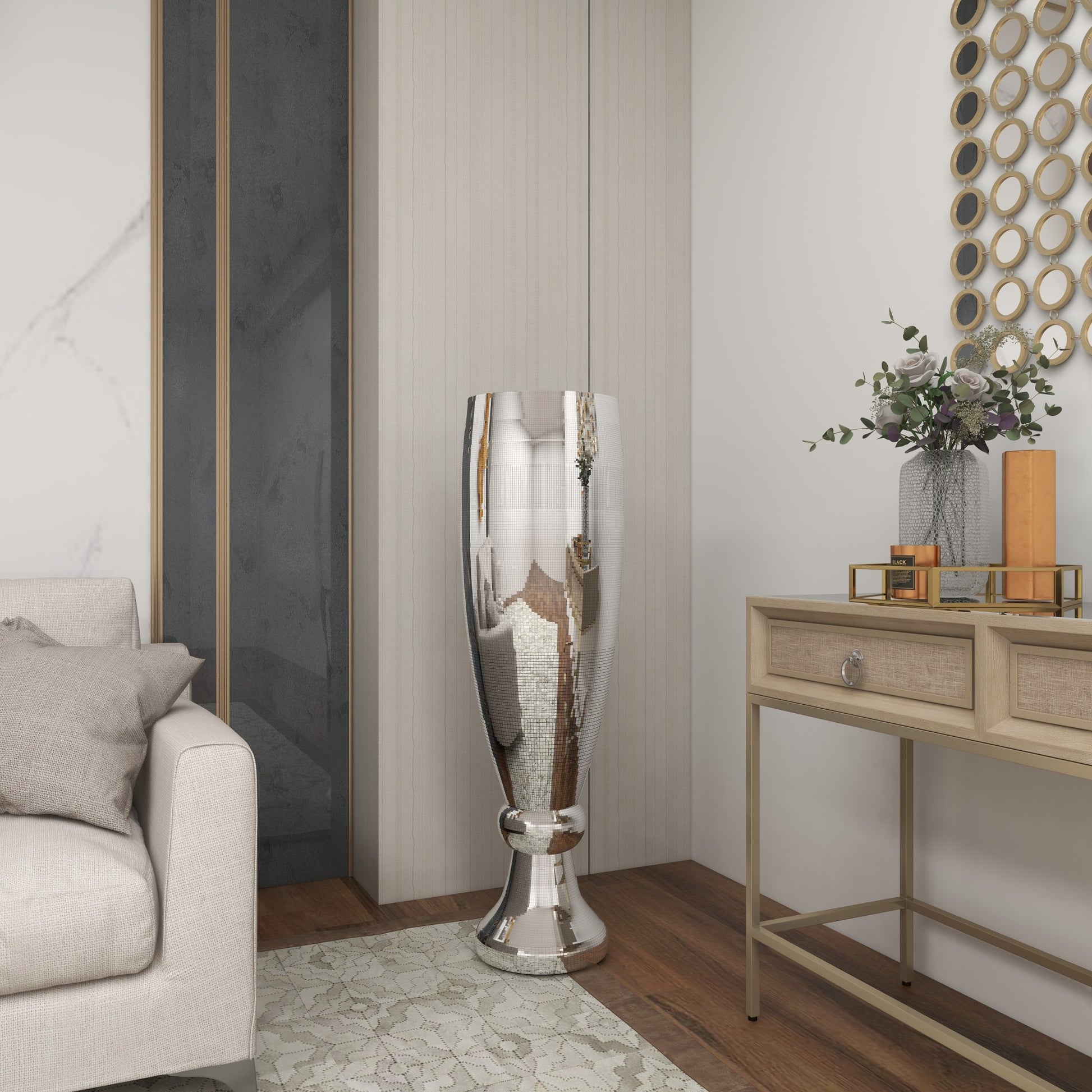 Silver Polystone Tall Champagne Flute Shape Decorative Vase with Mosaic Mirror Inlay