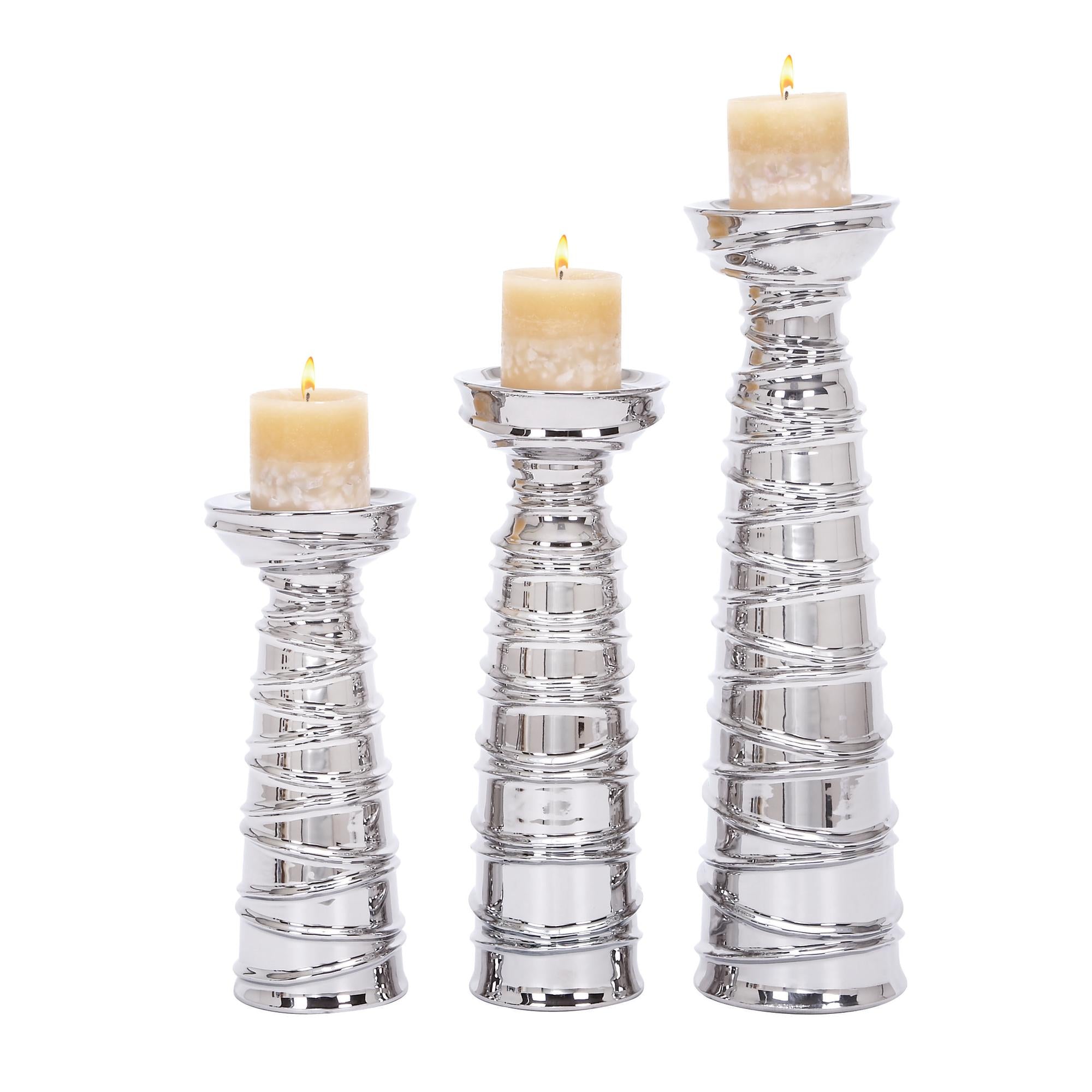 Set of 3 Abstract Silver Ceramic Wrapped Decorative Candle Holder
