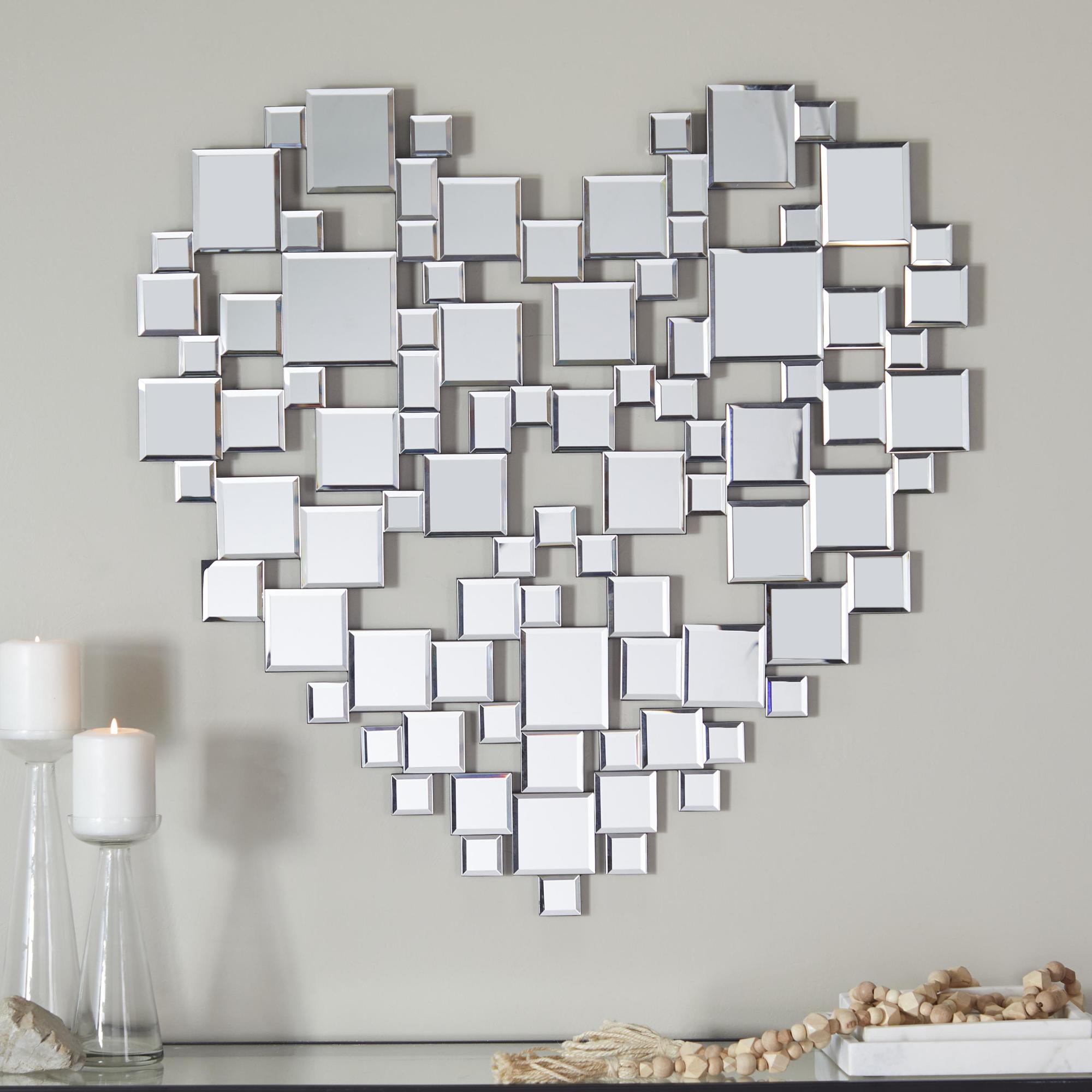 Heart Silver Glass Geometric Mosaic Room Wall Mirror