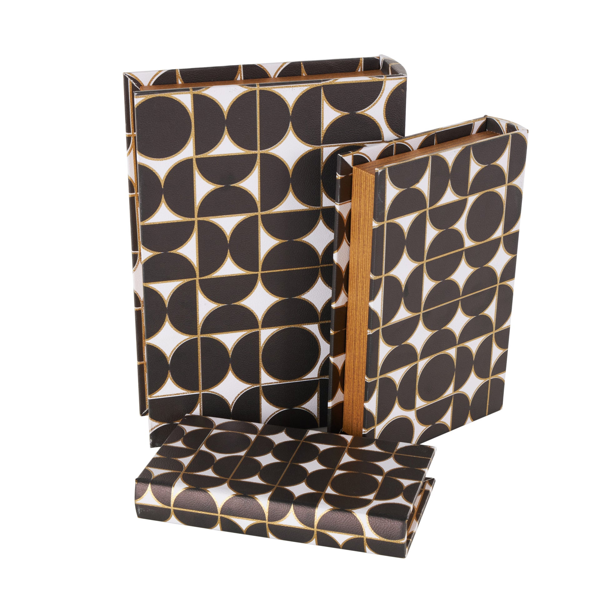 Set of 3 Black Faux Leather Faux Book Storage Decorative Box with Circle and Semi-Circle Pattern