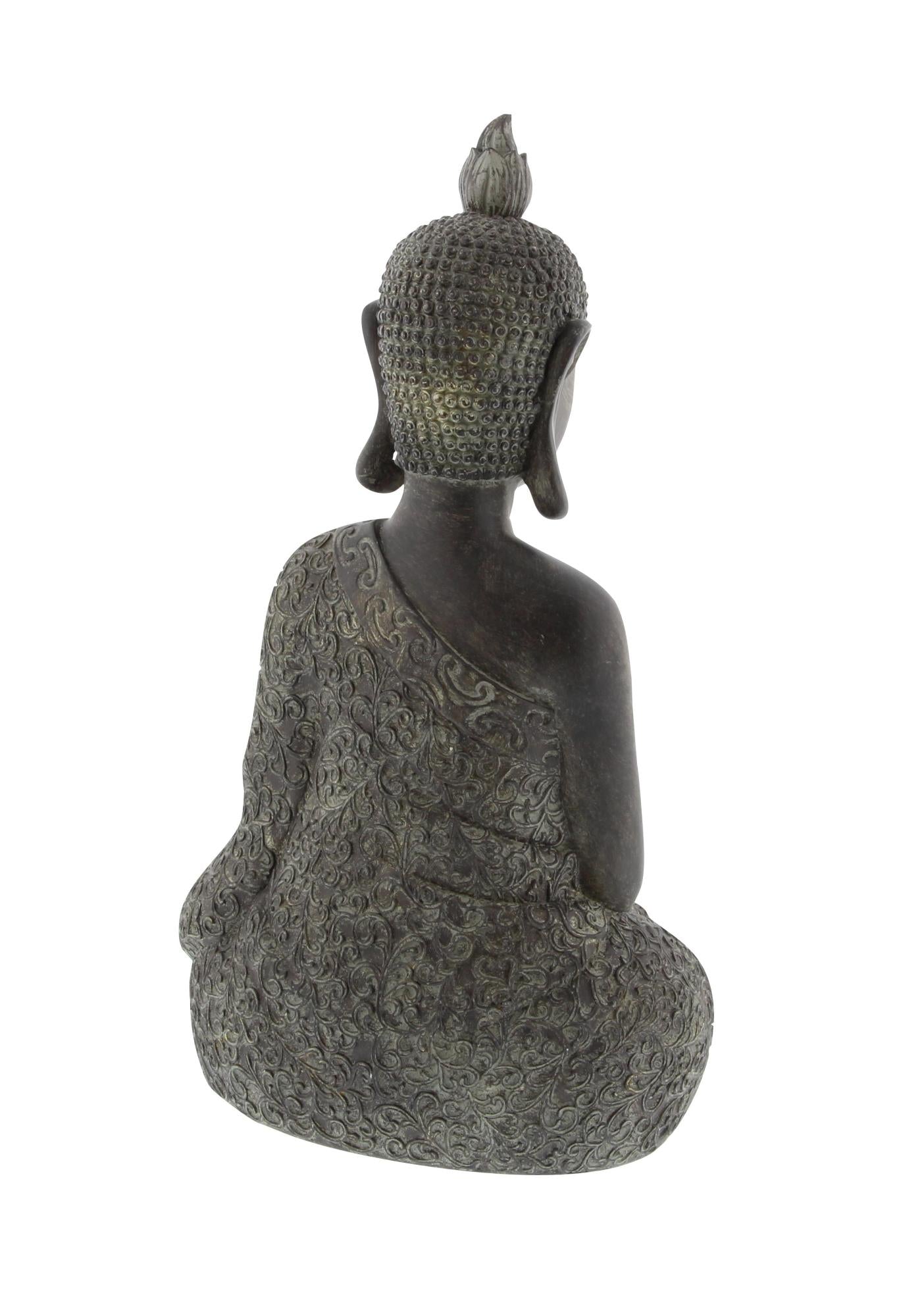 Buddha Brown Polystone Meditating Decorative Sculpture with Engraved Carvings and Relief Detailing