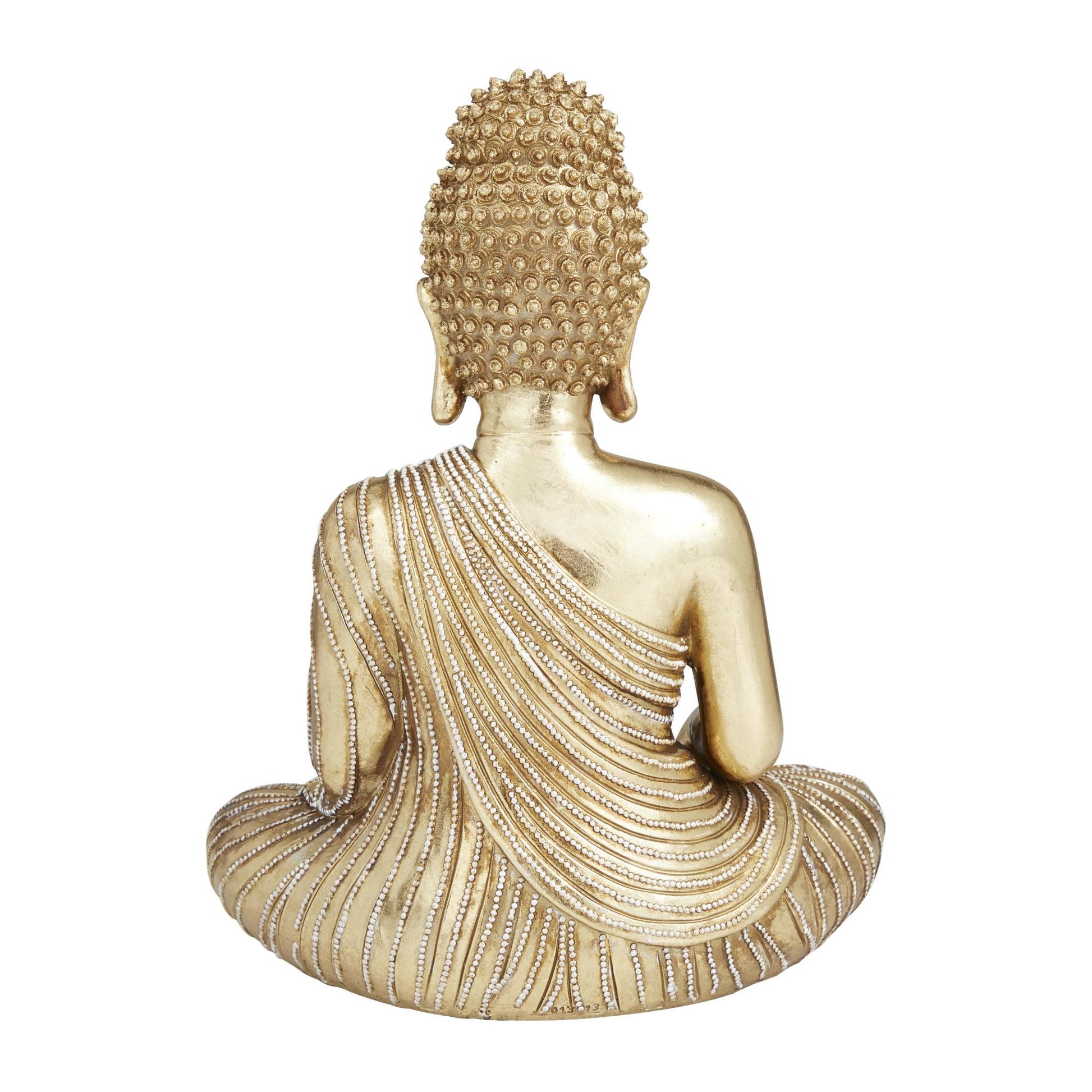 Buddha Gold Polystone Meditating Decorative Sculpture with Engraved Carvings and Relief Detailing