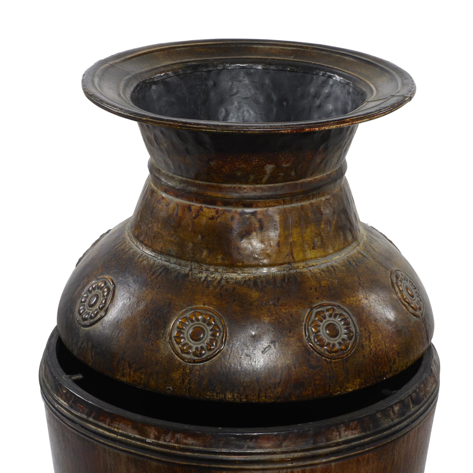 Set of 2 Floral Brown Metal Indoor Outdoor Large Decorative Vase with Evil Eye Relief