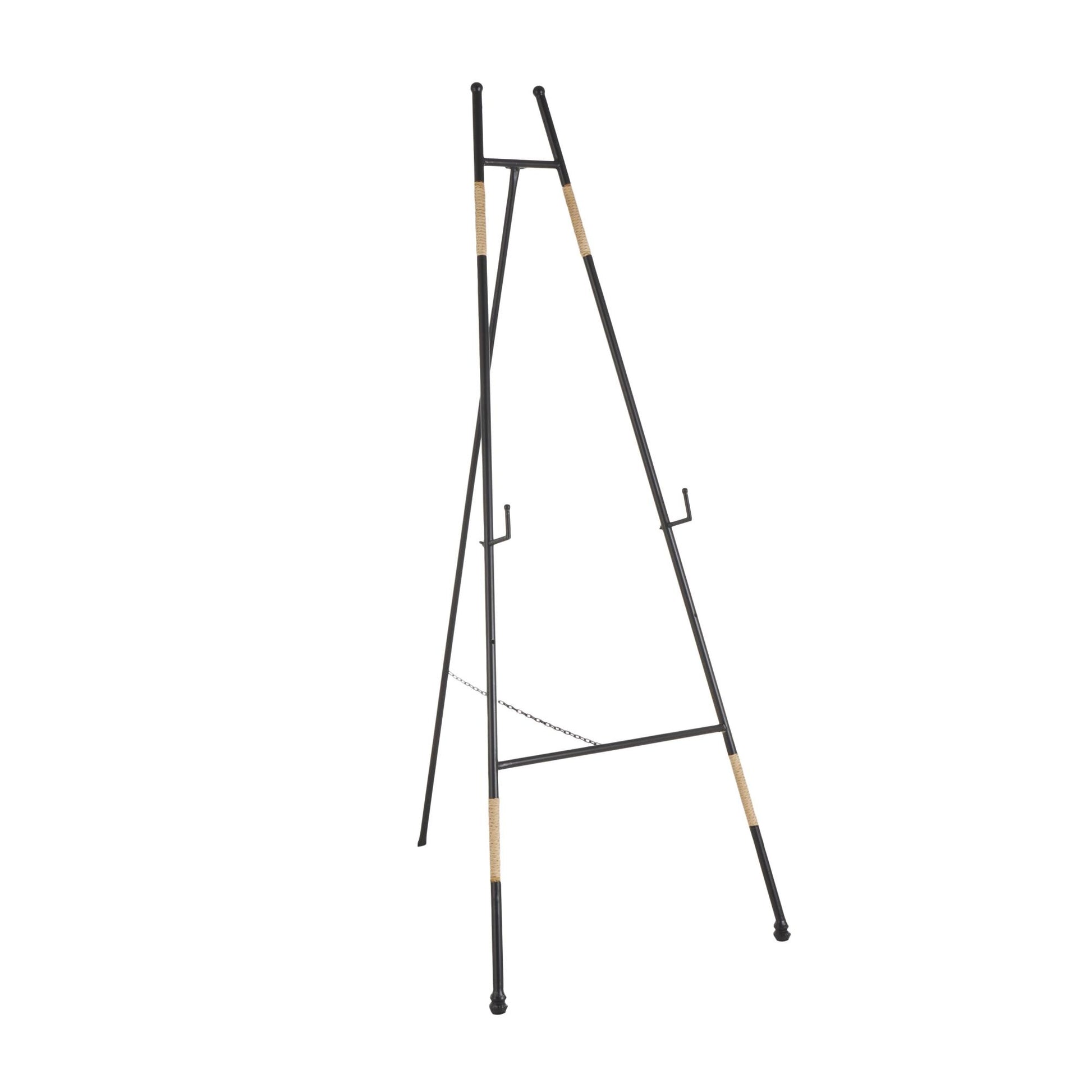 Black Metal Slim Foldable Floor 2 Tier Display Easel with Wrapped Rattan Accents