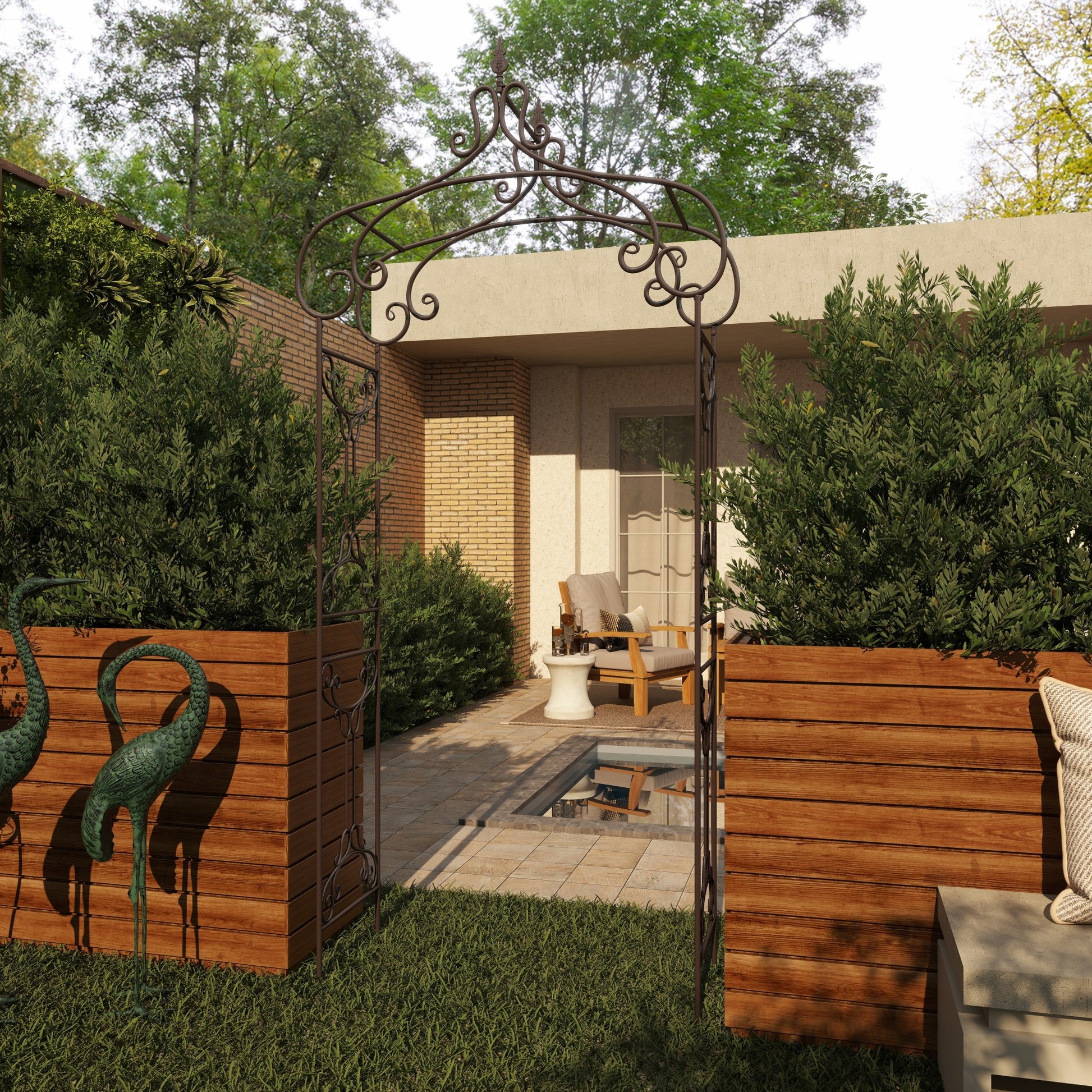 Scroll Black Metal Indoor Outdoor Arched Indoor Outdoor Garden Arbor with Finial