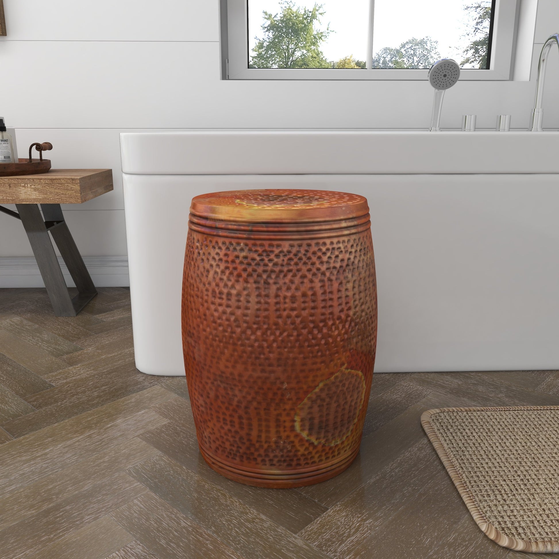 Drum Metal Handmade Side End Accent Table with Hammered Design