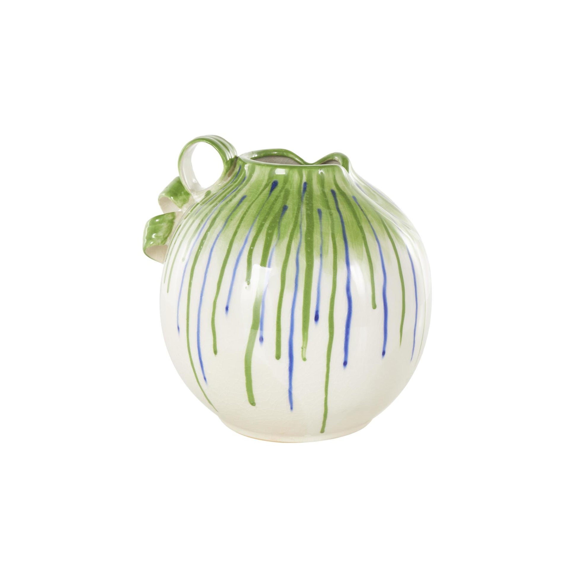 Abstract White Ceramic Decorative Vase with Green and Blue Drip Design and Handles