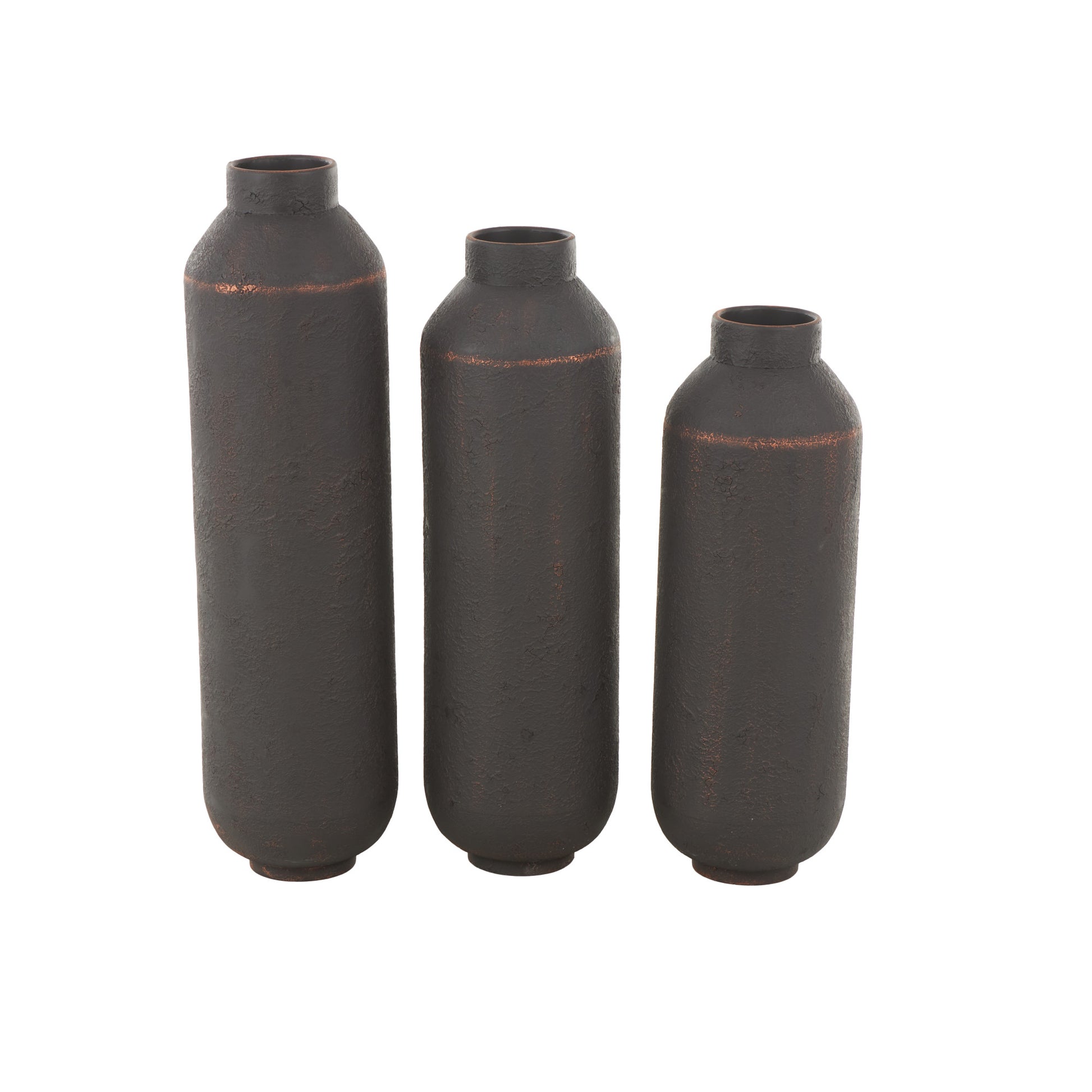 Set of 3 Dark Brown Metal Floor Decorative Vase with Copper Accents