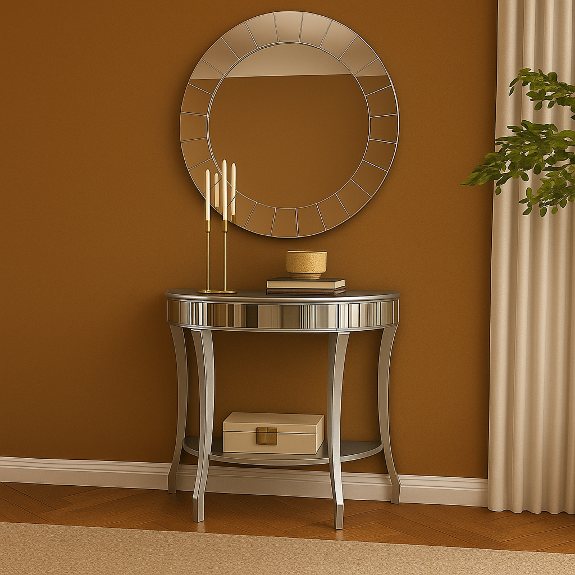 Set of 2 Silver Wood Mirrored Panel Half Moon Living Room Console Table with Mirror