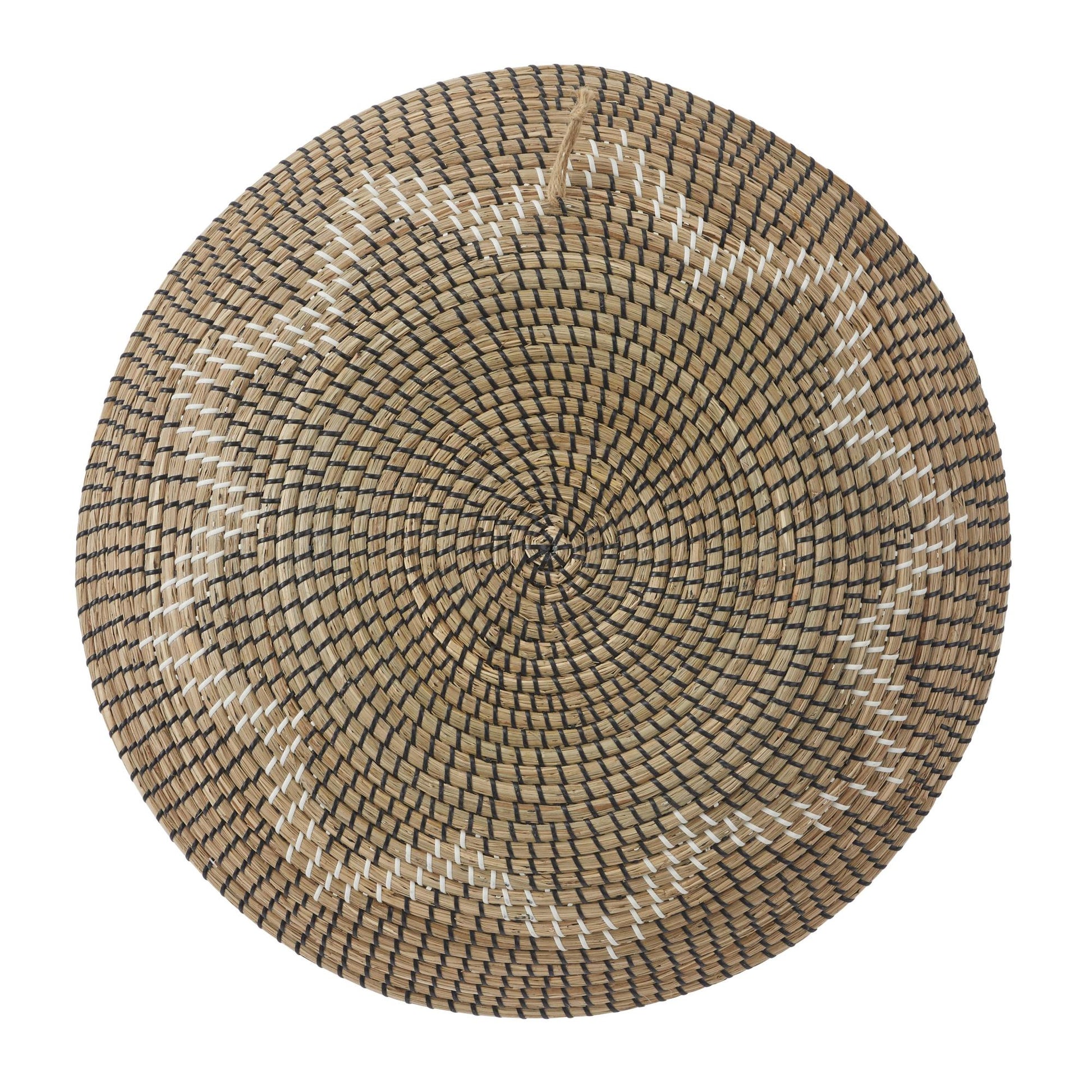 Set of 3 Plate Seagrass Handmade Spiral Basket Home Wall Decor with Black and White Accents Set of 3 29", 24", 20"D