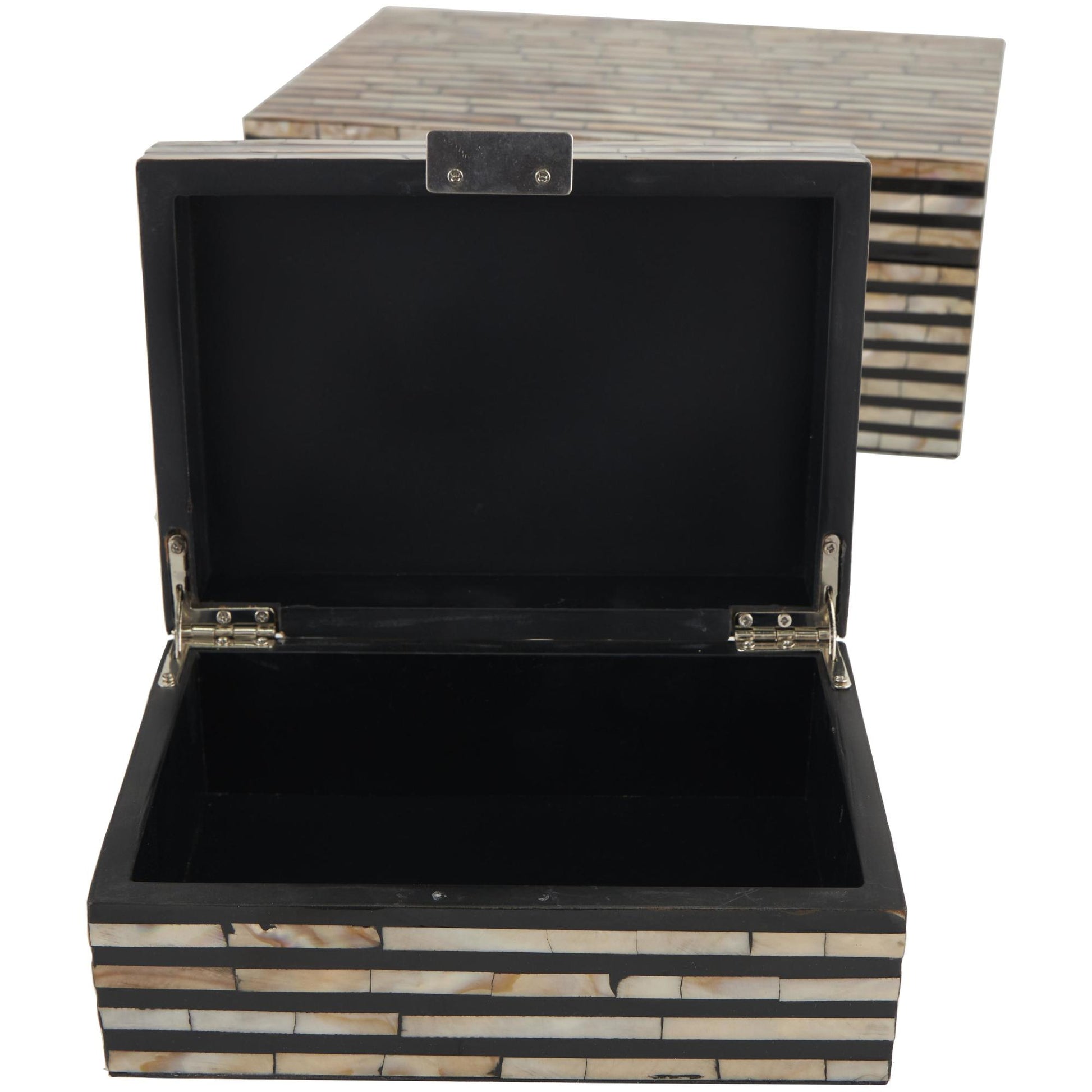 Set of 2 Beige Mother of Pearl Shell Handmade Decorative Box with Linear Mosaic Pattern and Hinged Lid