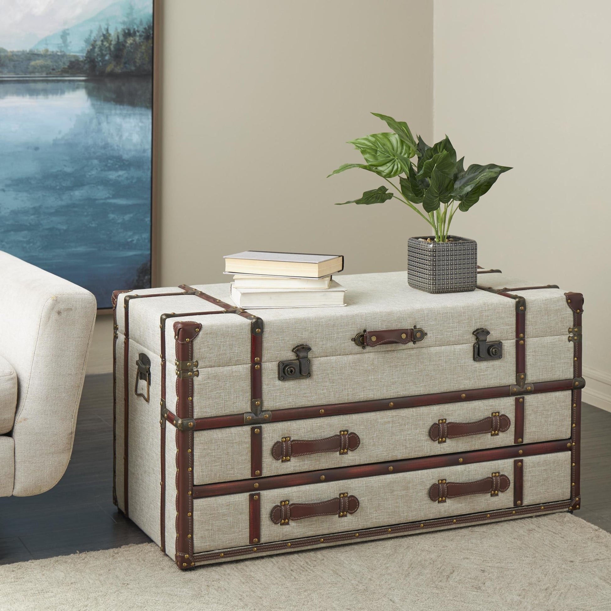 Faux Leather Vintage 2 Drawer Living Room Coffee Table with Buckle Hinged Top