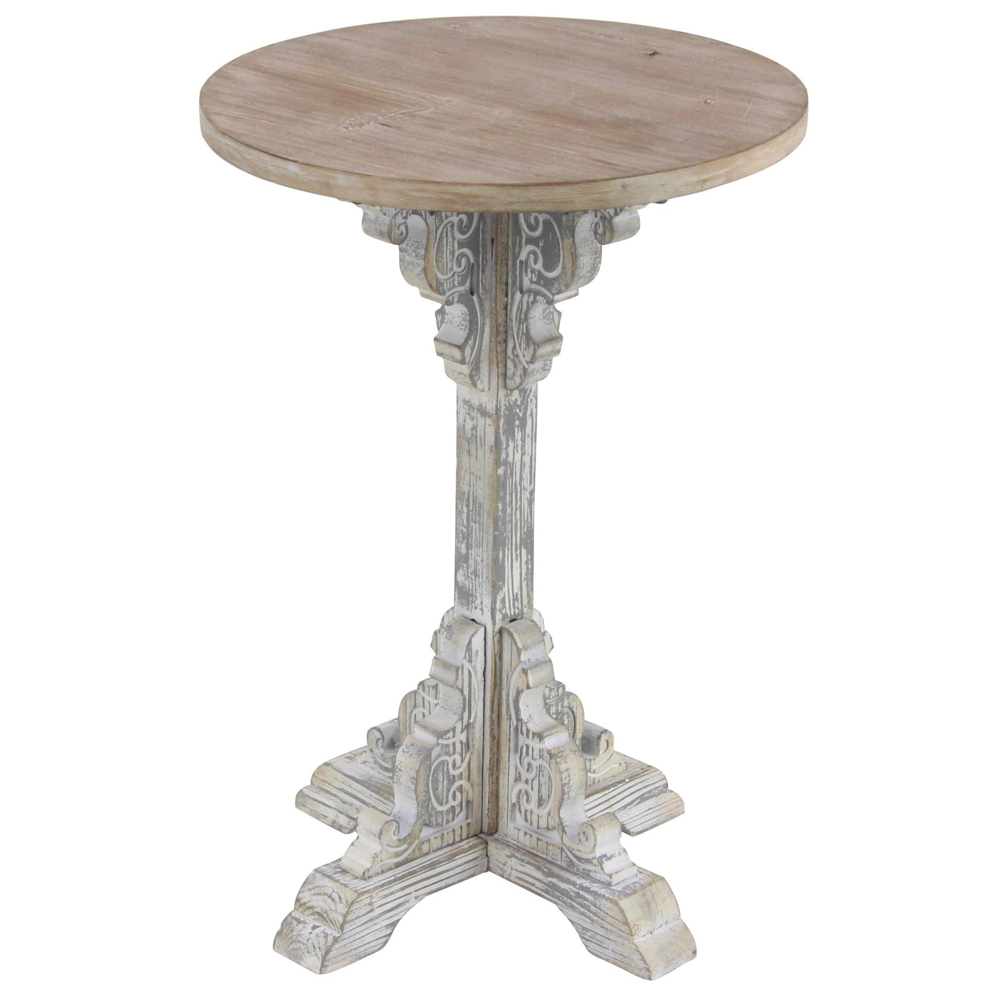 Scroll Wood Distressed Pedestal Side End Accent Table with Brown Wood Top 16" x 16" x 23"