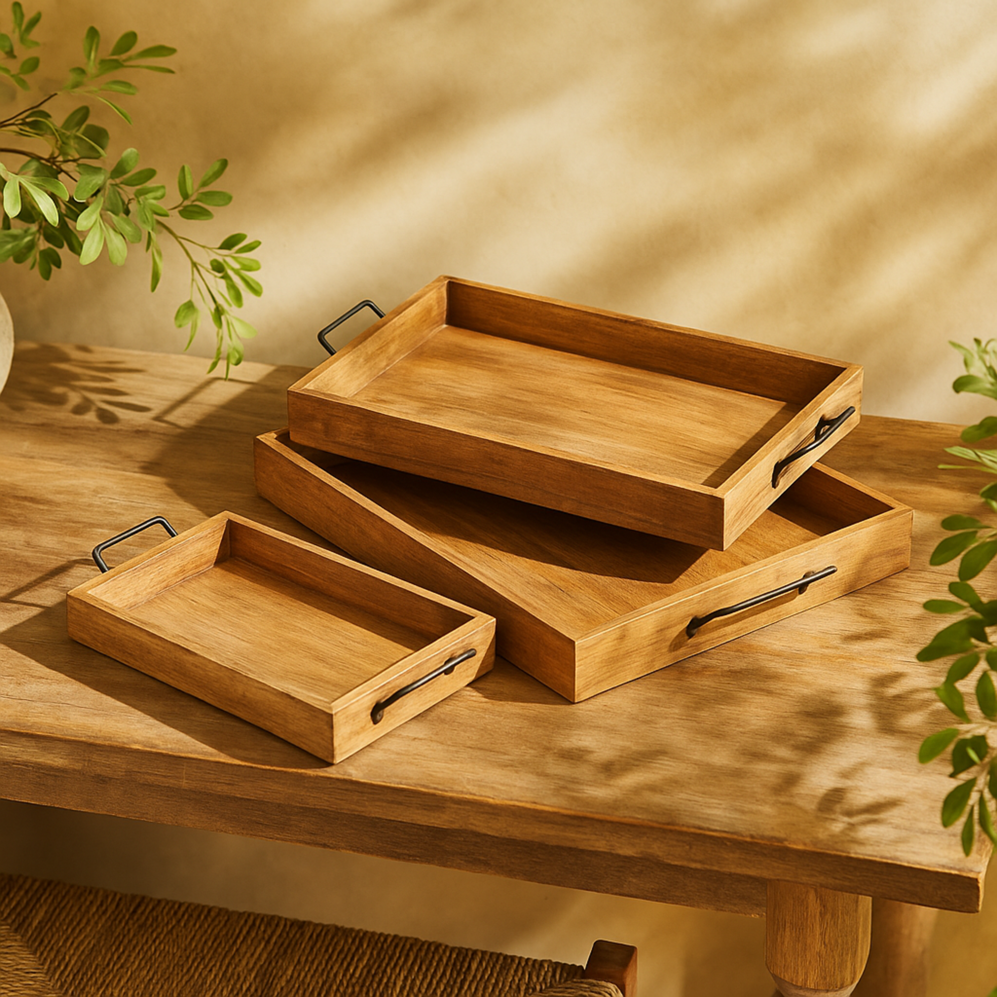 Set of 3 Brown Mango Wood Rectangular Living Room Decor Tray with Black Metal Handles