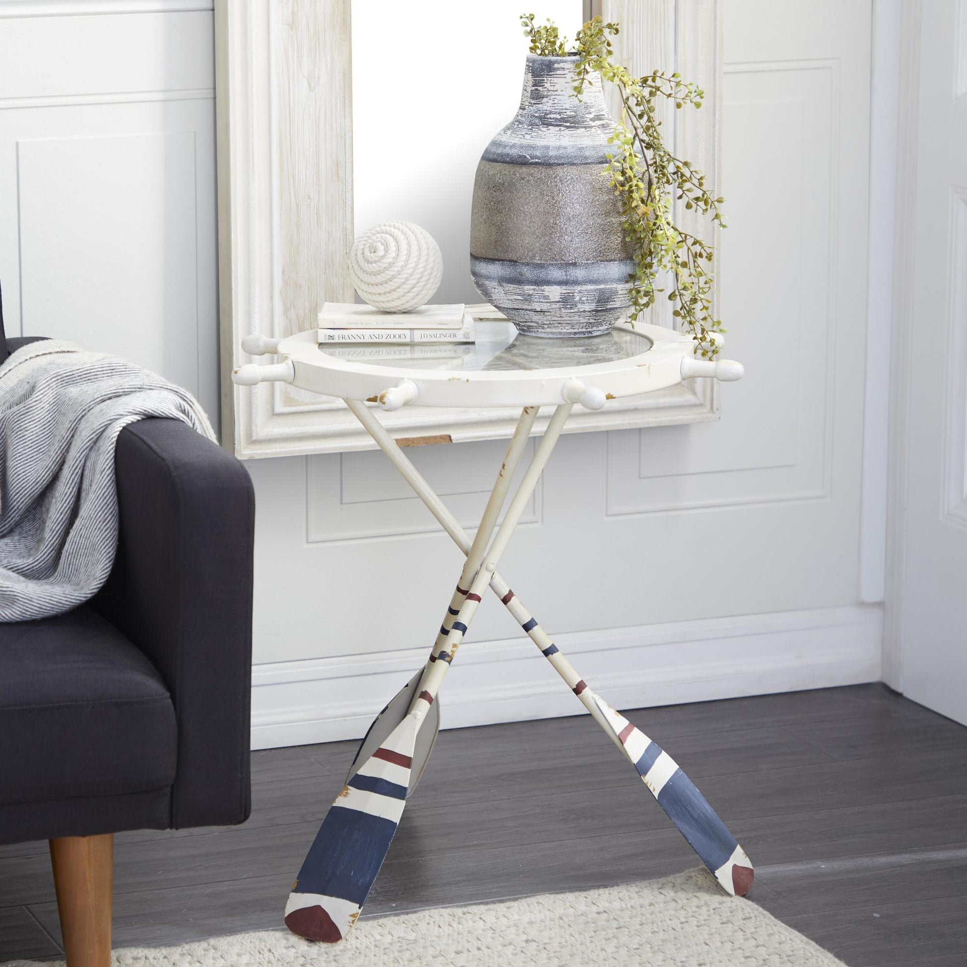 Ship Wheel White Metal Top Side End Accent Table with Oar Shaped Legs