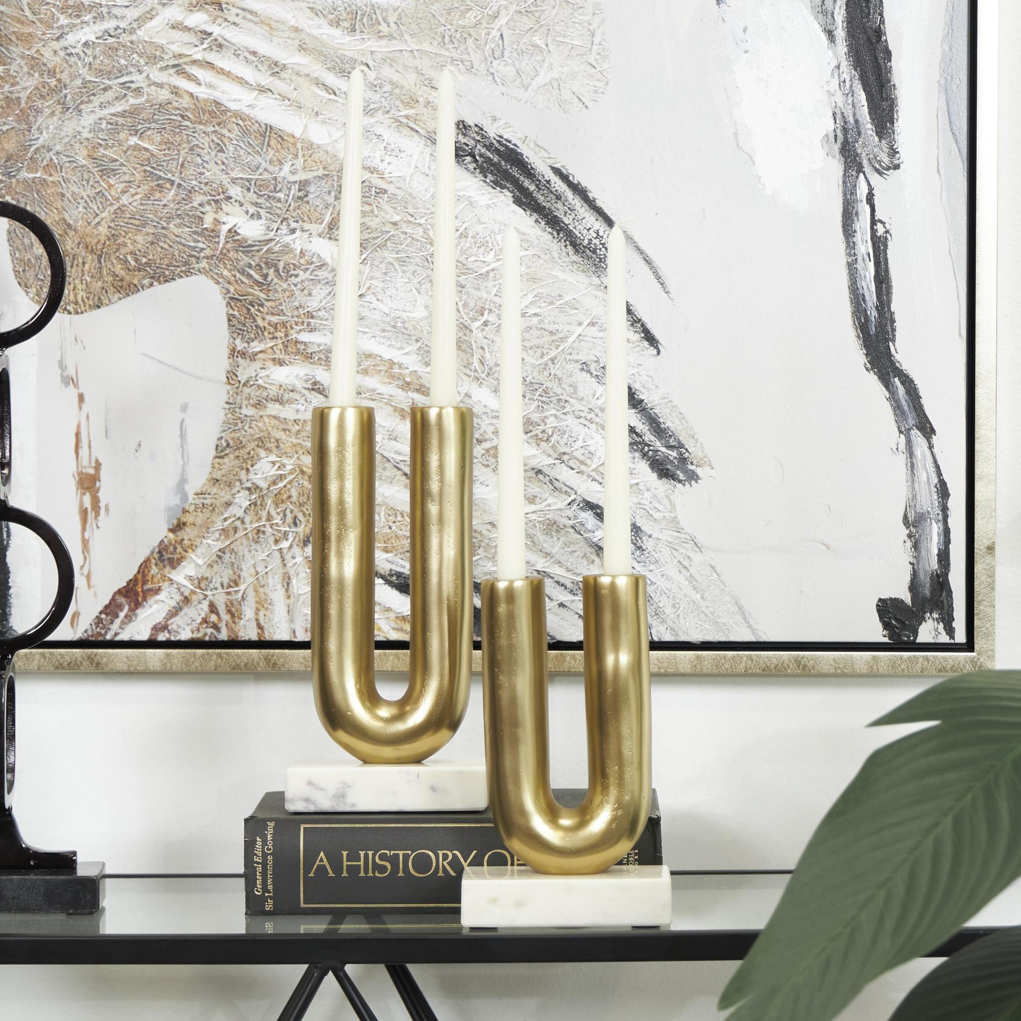 Set of 2 Geometric Aluminum Metal U-Shaped Decorative Candle Holder with Marble Bases