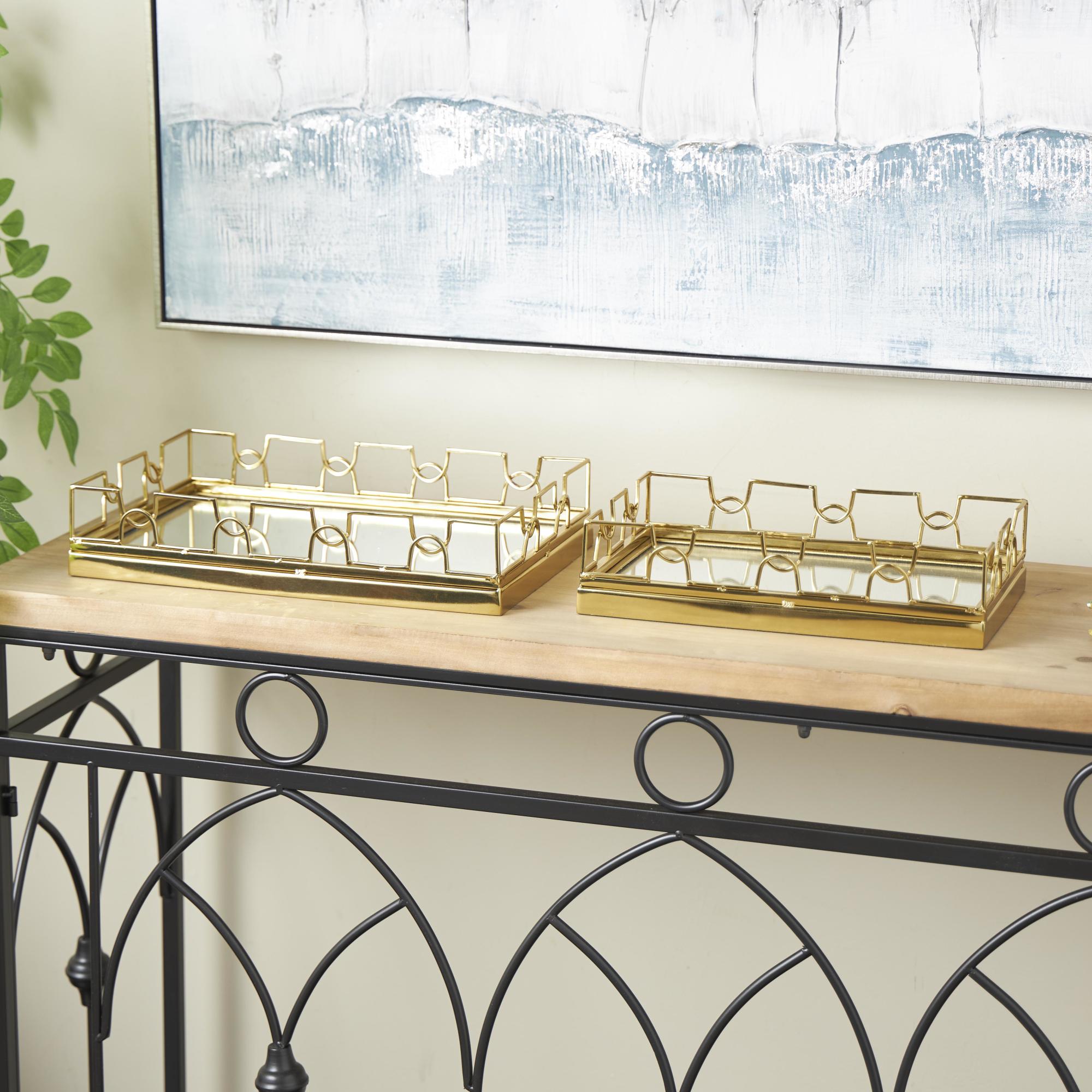 Set of 2 Geometric Gold Stainless Steel Metal Mirrored Living Room Decor Tray with Wire Rod Frame