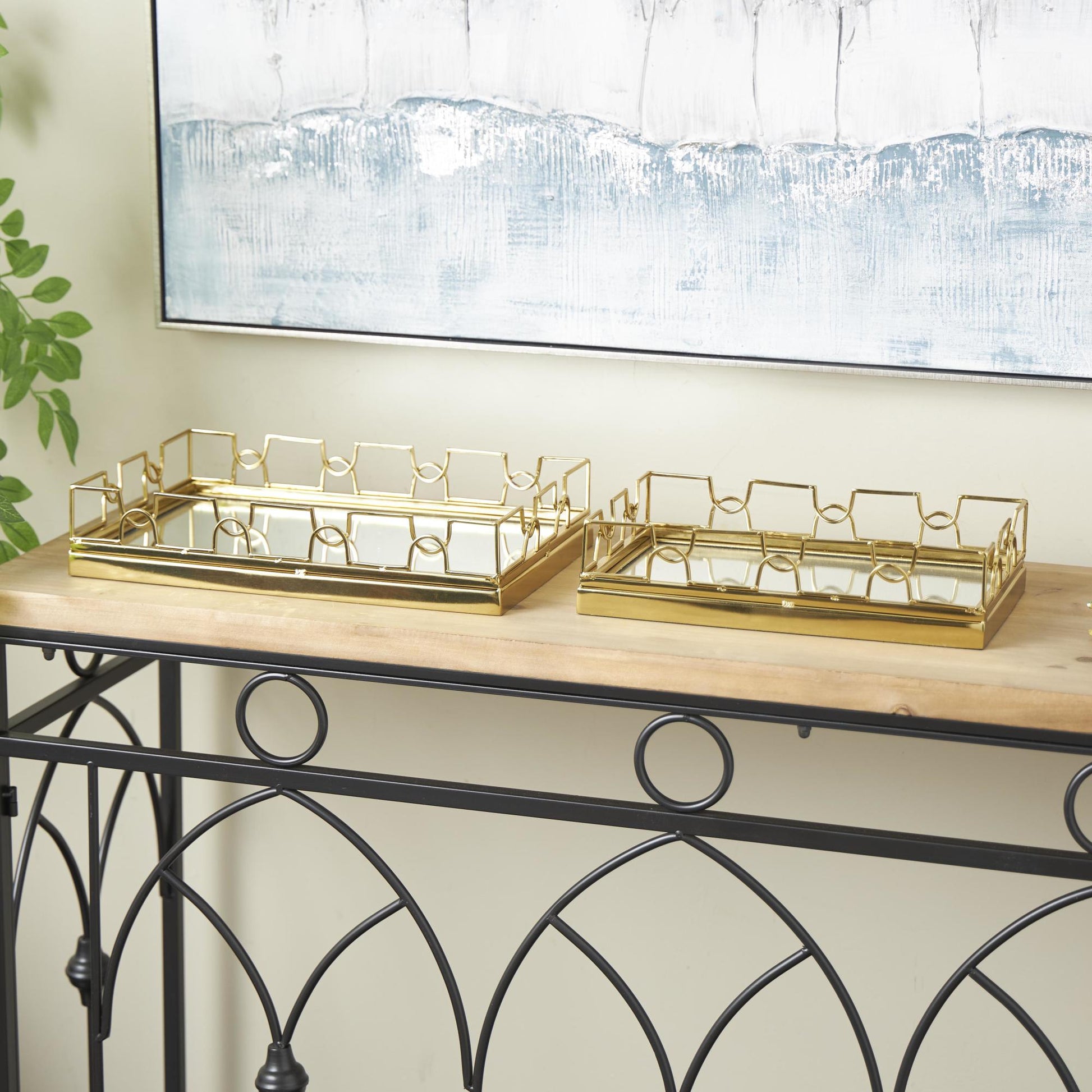 Set of 2 Geometric Gold Stainless Steel Metal Mirrored Living Room Decor Tray with Wire Rod Frame