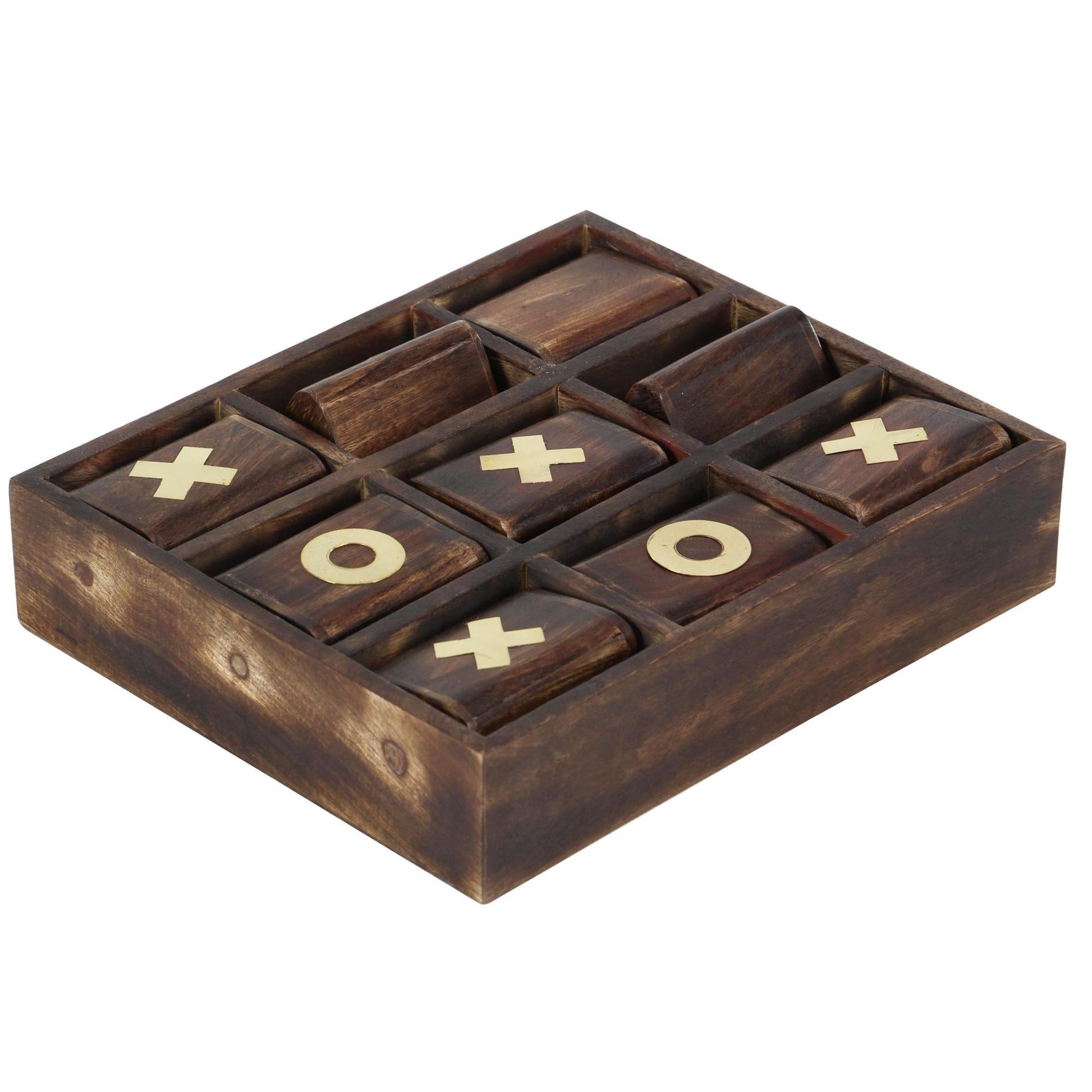 Tic Tac Toe Dark Brown Mango Wood Home Decor Game Set with Gold Inlay