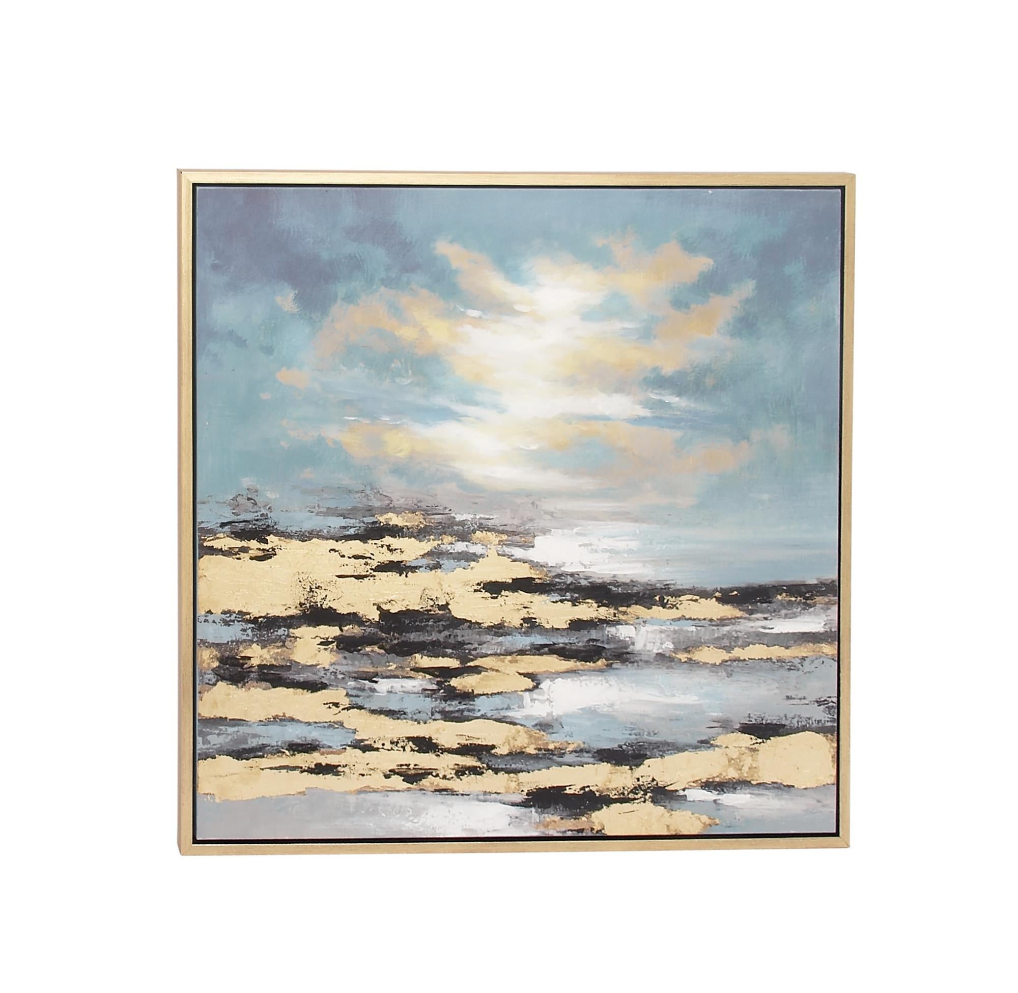 Geode Blue Canvas Landscape Living Room Framed Wall Art with Gold Frame