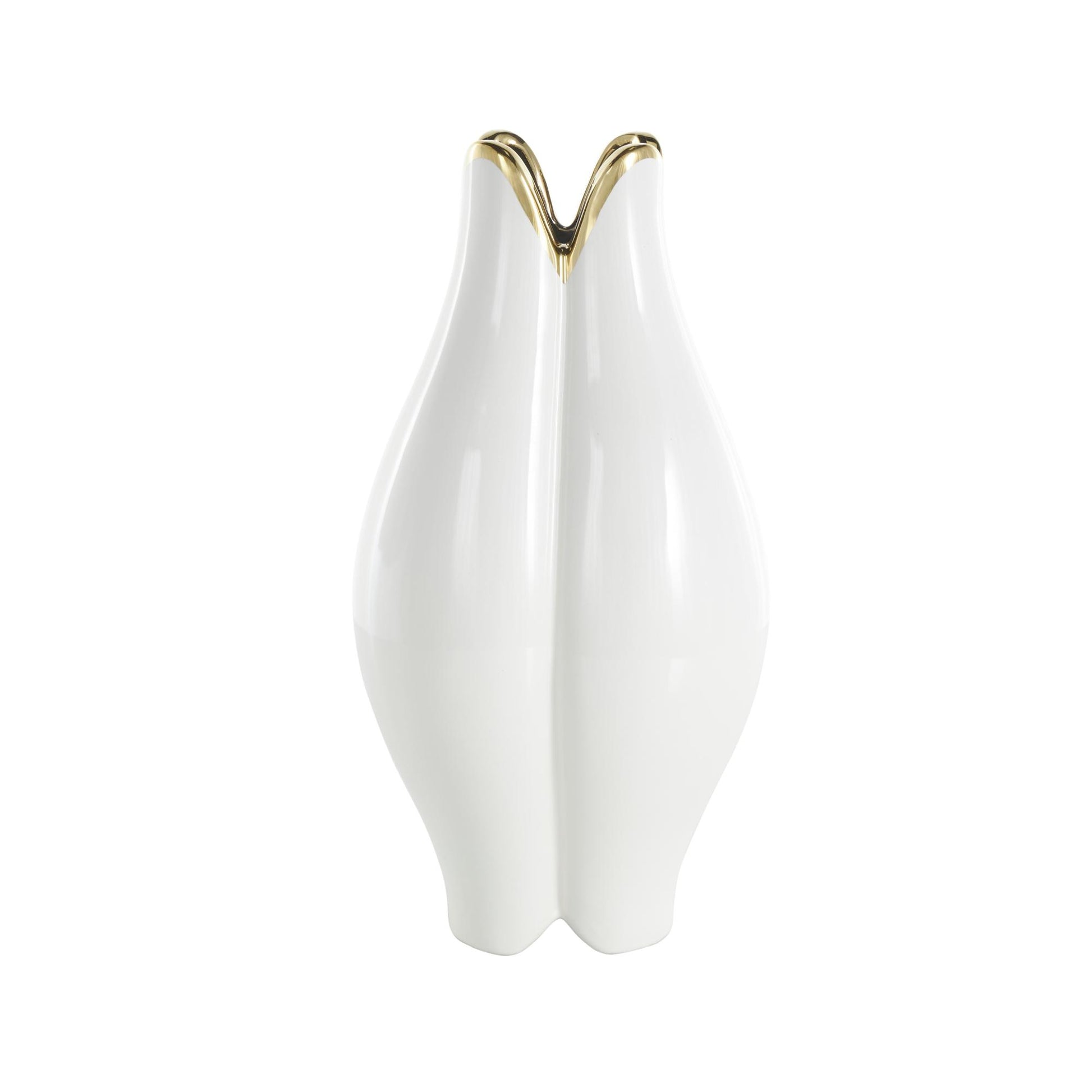 Floral White Ceramic Dimensional Shaped Decorative Vase with Metallic Gold Rim