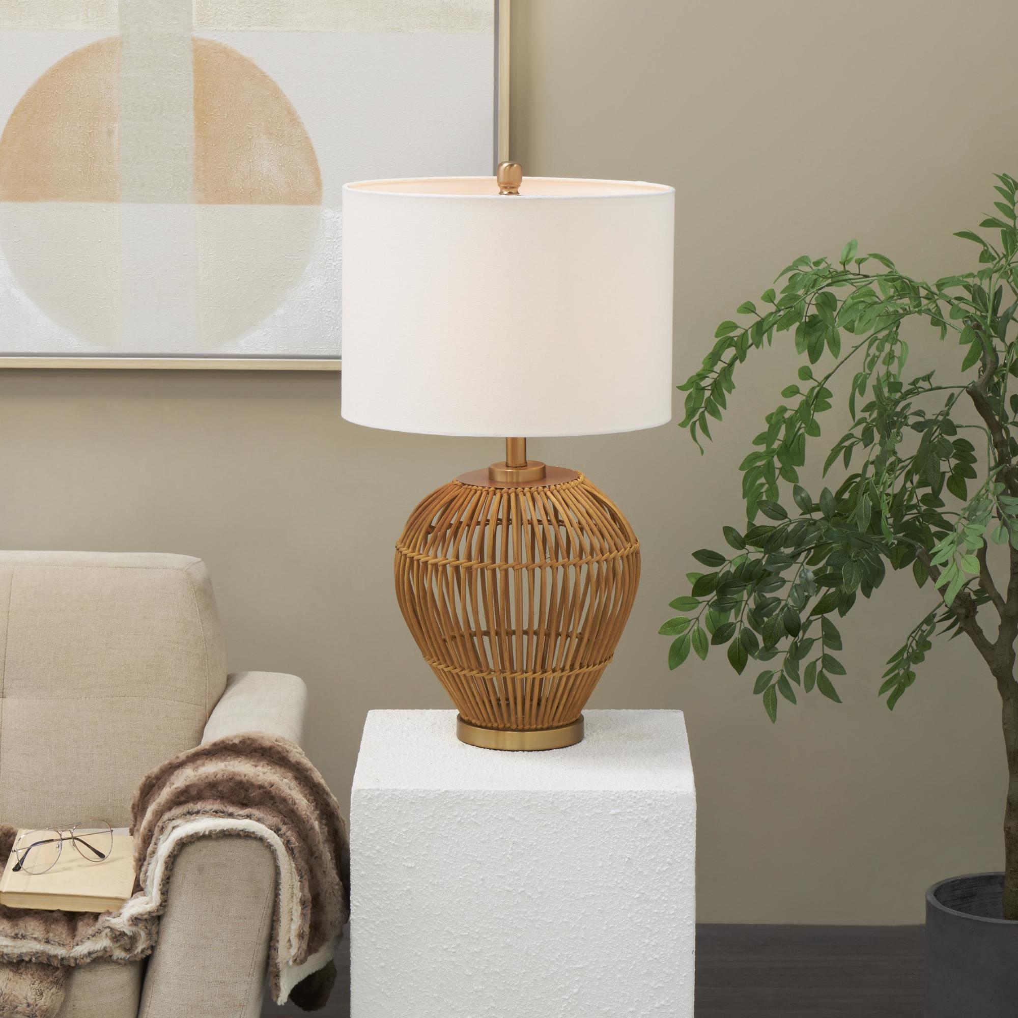 Brown Rattan Handmade Woven Open Frame Room Table Lamp with Gold Accents