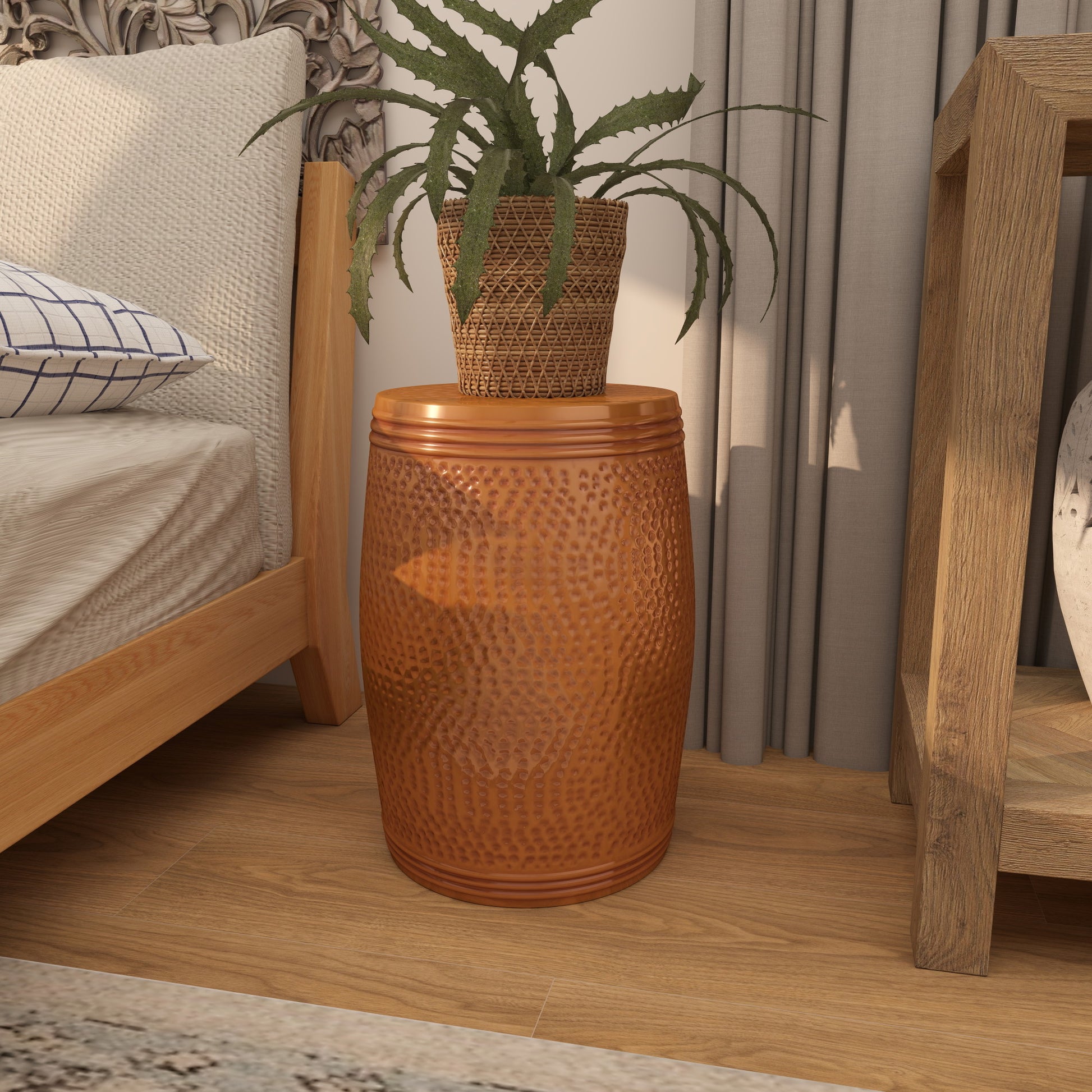 Drum Metal Handmade Side End Accent Table with Hammered Design