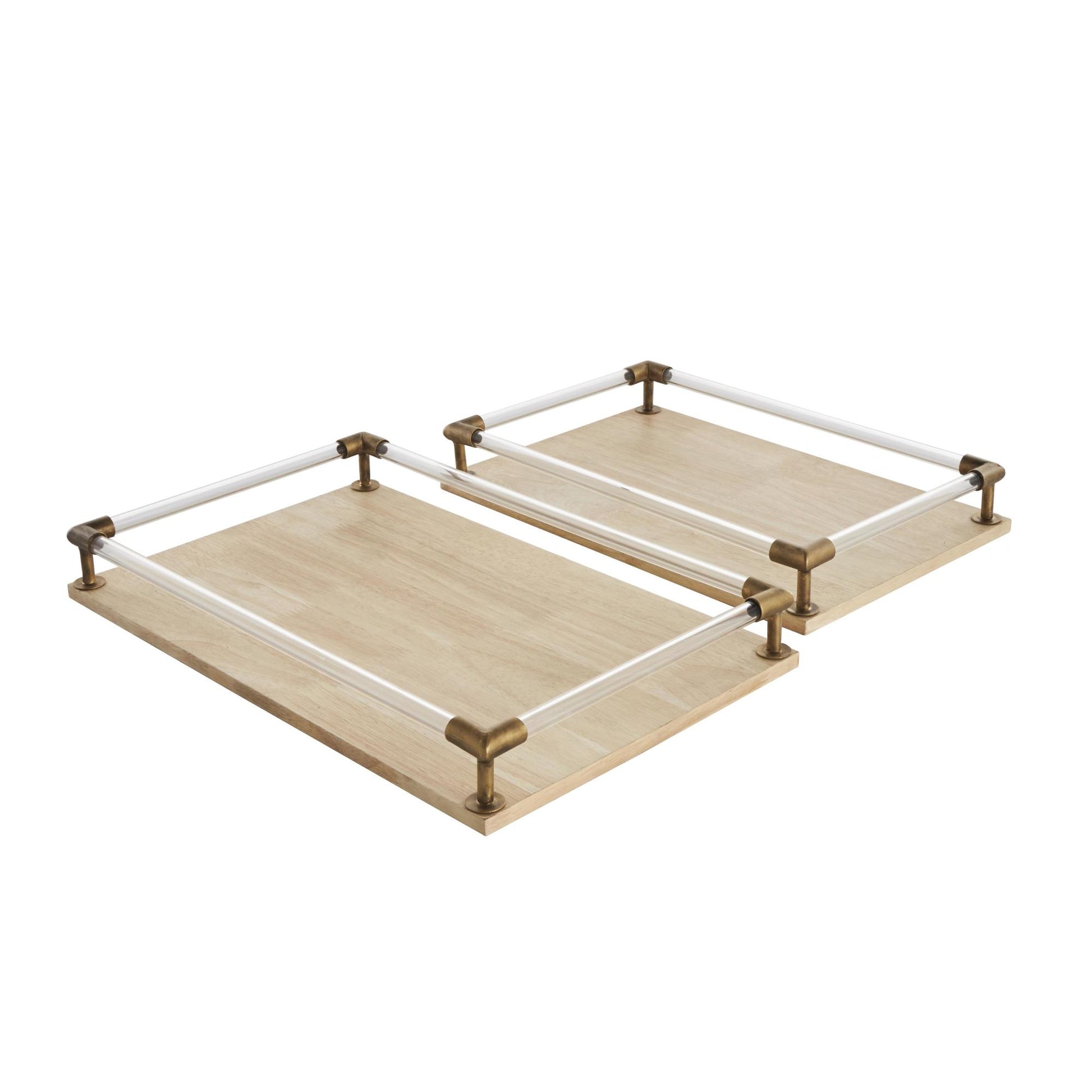 Set of 2 Light Brown Mango Wood Living Room Decor Tray with Copper Metal Edges and Acrylic Sides