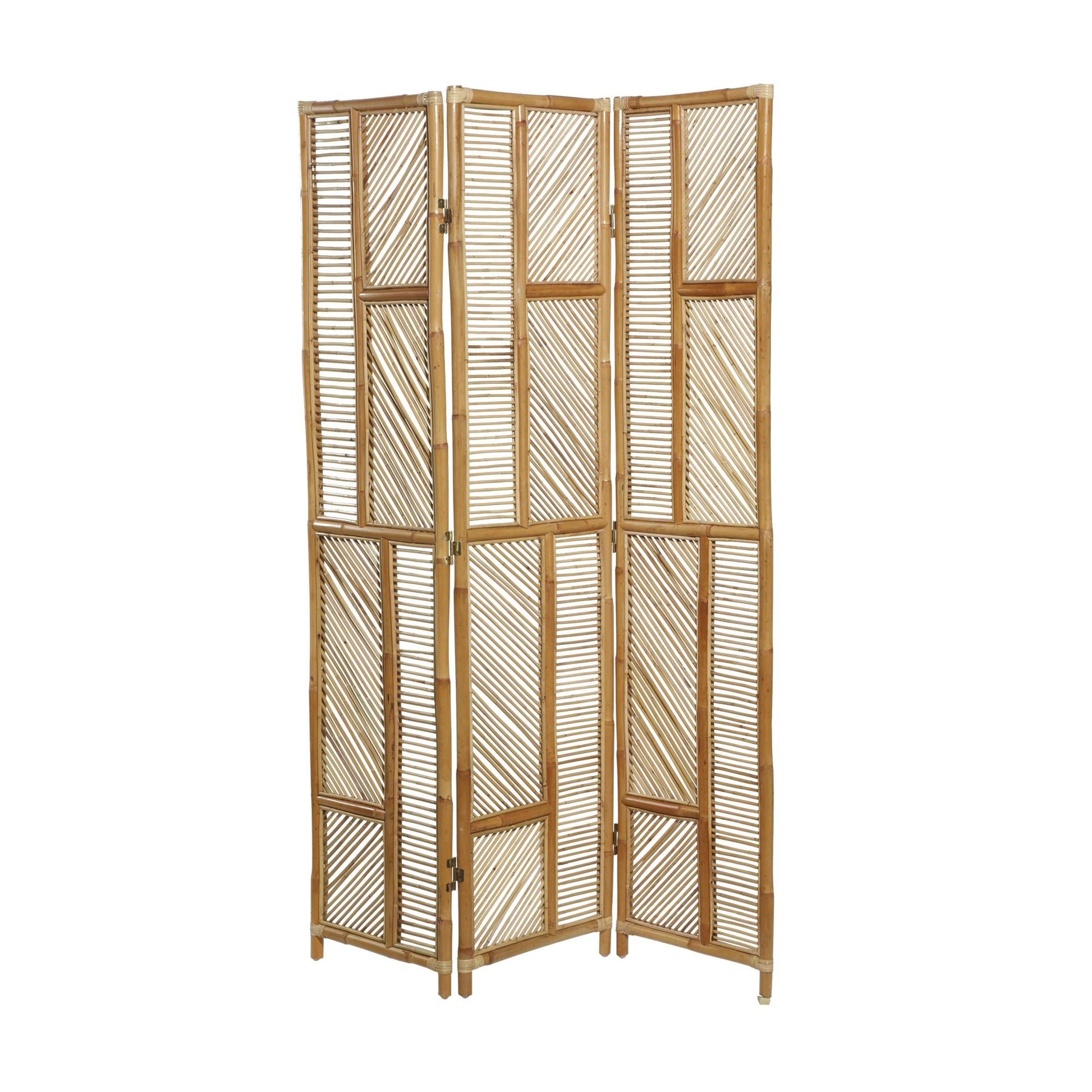 Geometric Brown Wood Hinged Foldable Partition 3 Panel Partition Room Divider Screen