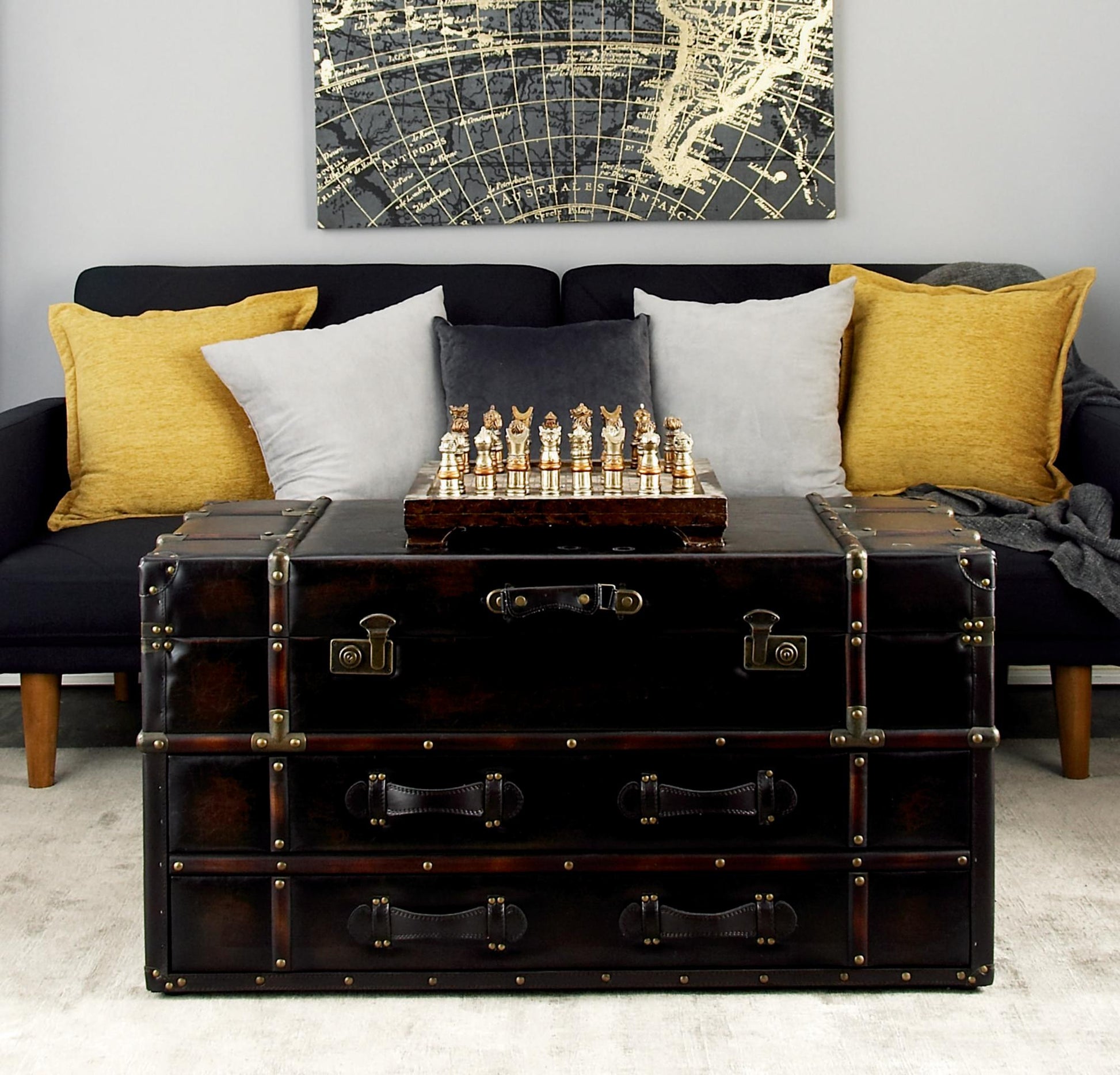 Faux Leather Vintage 2 Drawer Living Room Coffee Table with Buckle Hinged Top