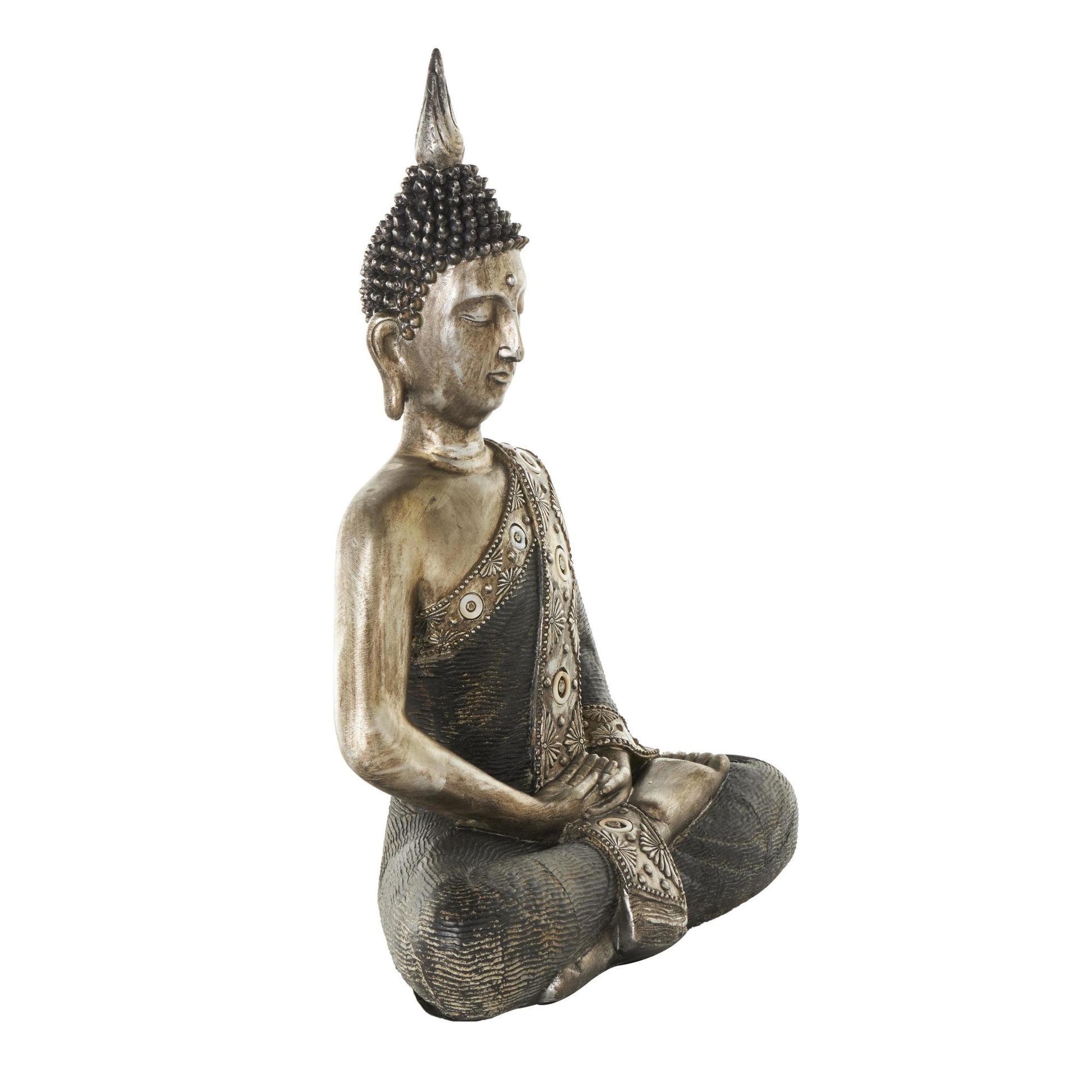 Buddha Brass Polystone Meditating Decorative Sculpture with Engraved Carvings and Relief Detailing